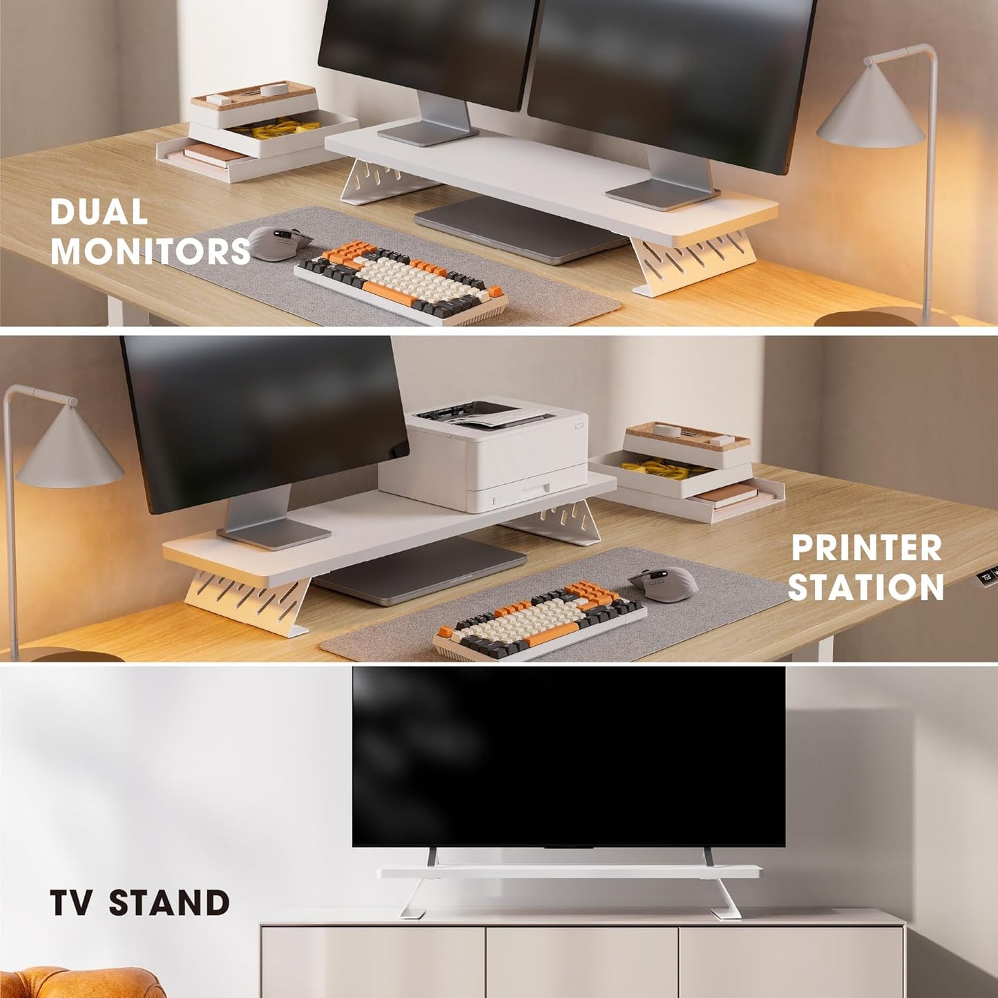 2 Fenge Monitor Stand Riser, Desk Top Shelf for Monitors, Computer Stands for Desk, Wood & Steel Desktop Riser