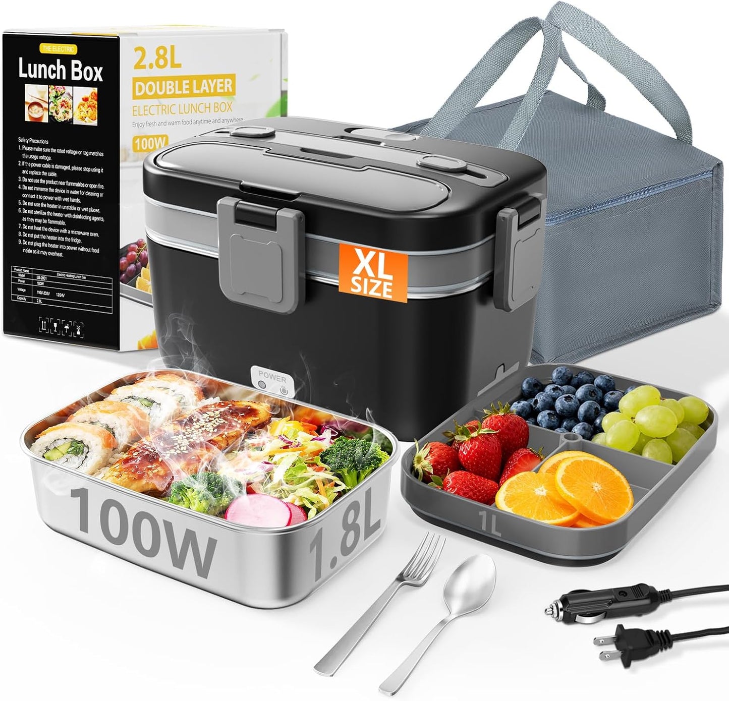 Skiennix Electric Lunch Box - 2.8L Double Layer Food Heater for Home, Office & Car - Black