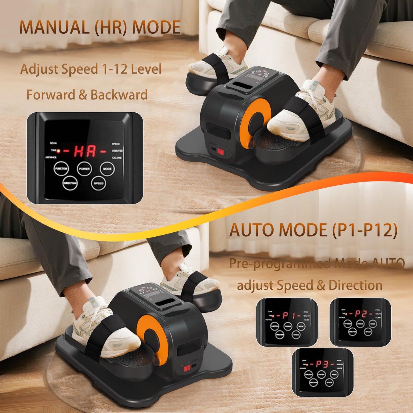 Wesec Under Desk Elliptical Machine, Electric Elliptical Training Machine w/Remote & 12 Speeds Level, Manual & Auto Mode, Elliptical Traier for Seniors Seated Pedal Exerciser for Home Office, Orange