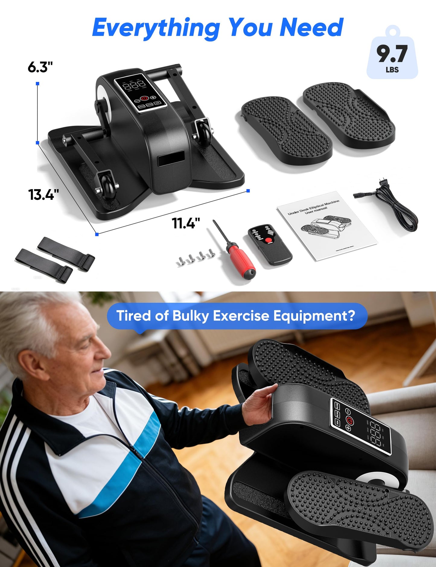 Under Desk Elliptical Machine for Senior, Quiet Motorized Leg Exerciser with Smart Remote, Pedal Exerciser with 12 Adjustable Speeds for Auto/Manual Modes, LCD Monitor, Easy to Use for Home Office
