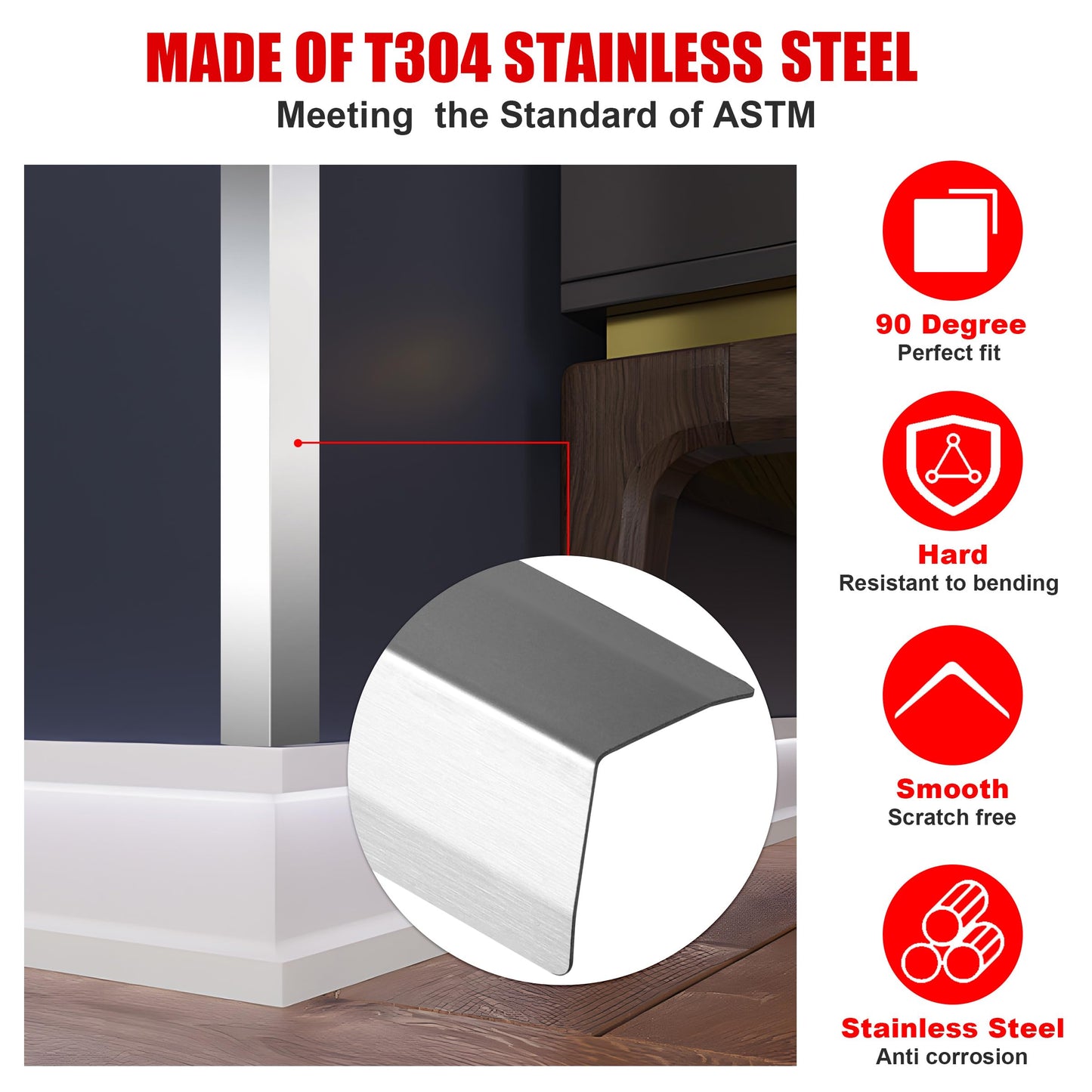 Besino Wall Corner Guards,1.5” x 1.5” x 48”, Metal Wall Corner Protector, 20 Pack for Wall Protection and Decoration, 20 Ga/ 1MM Thickness T304 Stainless Steel Corner Guard with 90-Degree Angle