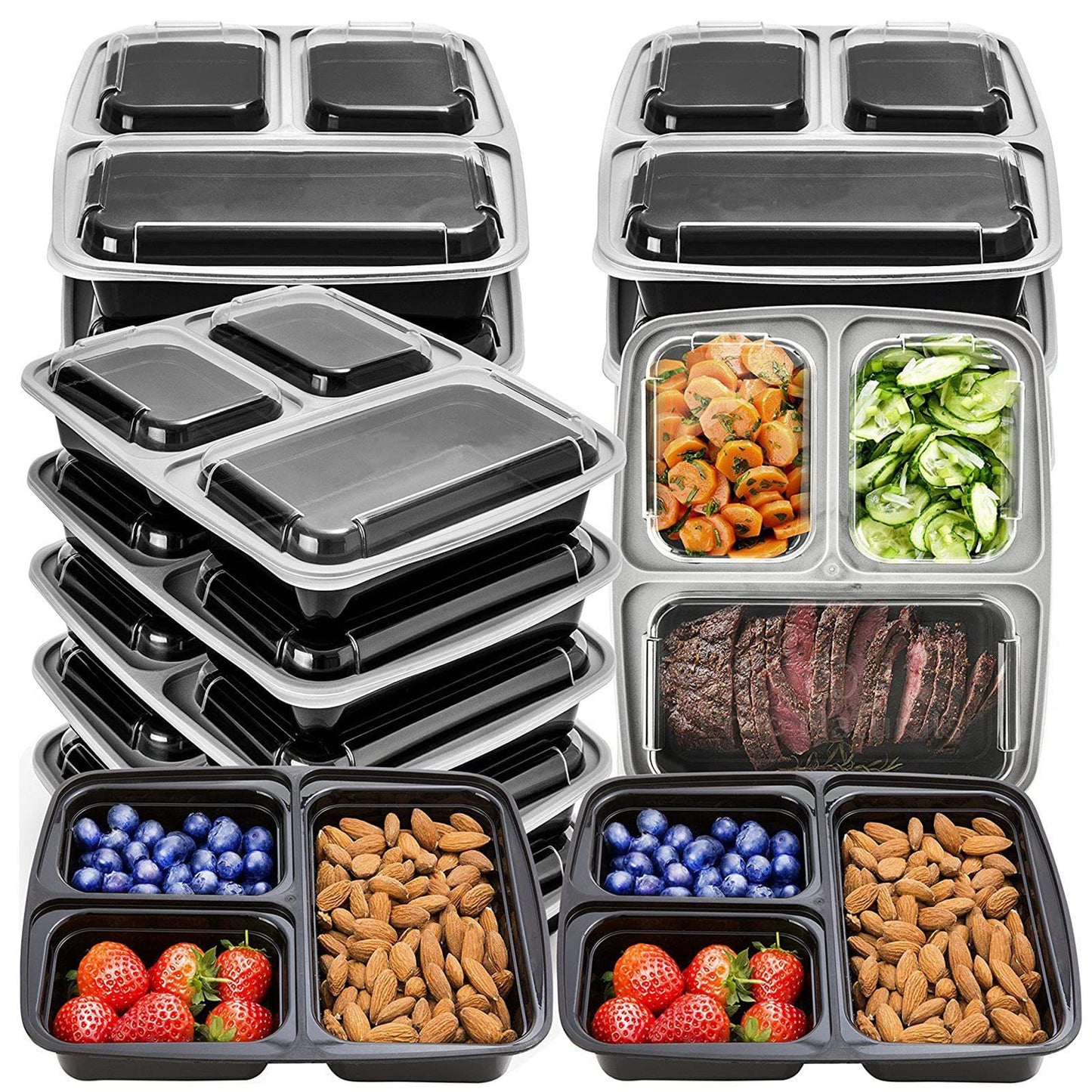 MORDEN MS Meal Prep Container With Lids, 50 Pack 3 Compartment Reusable Food Storage Container Divided Plastic Bento Box Lunch Box To-go Boxes(33oz)
