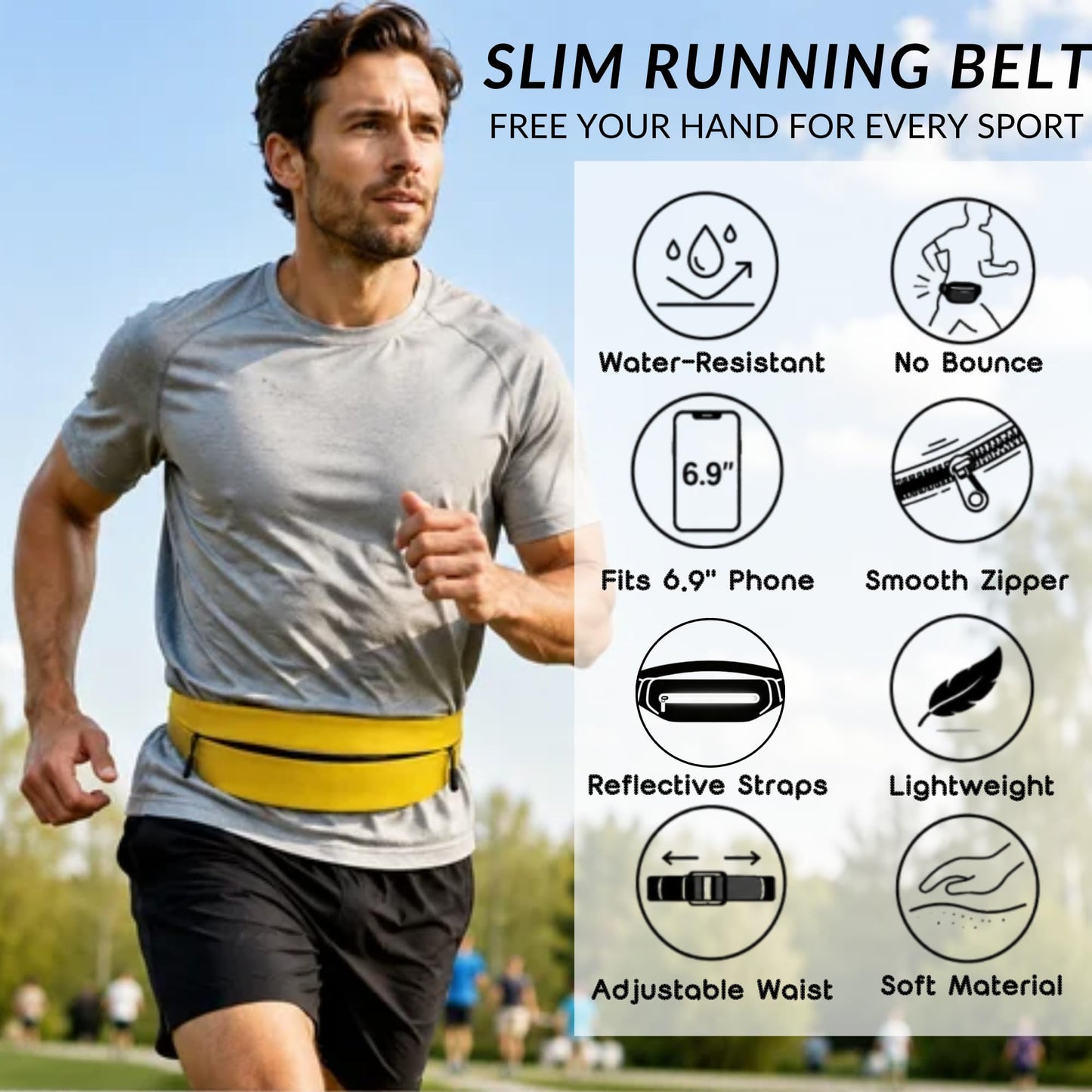 Running Belt for Men Women, Water-resistant Fanny Pack with 3 Zipper Pockets & Reflective Safety Strips, Adjustable Waist Pack Jogging Pouch for Phone, Keys & Essentials (Yellow, Large)