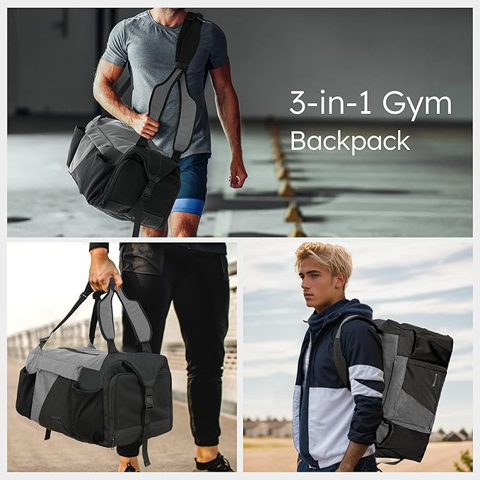 Gym Bag for Men with Shoes Compartment and Wet Pocket Convertible Duffle Bag and Gym Backpack Waterproof Sports Bag with 2 Bottle Holders Weekender Overnight Bag - Black&Grey