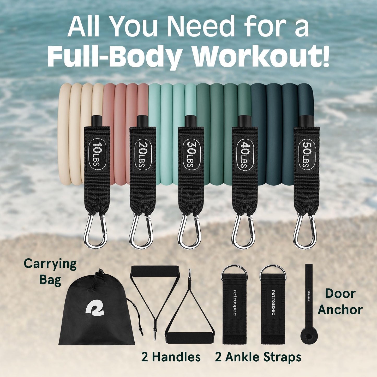 Retrospec Train Resistance Bands Set for Working Out - 5 Stackable Bands, Handles & Door Anchor - Portable Fitness Equipment for Physical Therapy & Yoga Includes Carry Bag