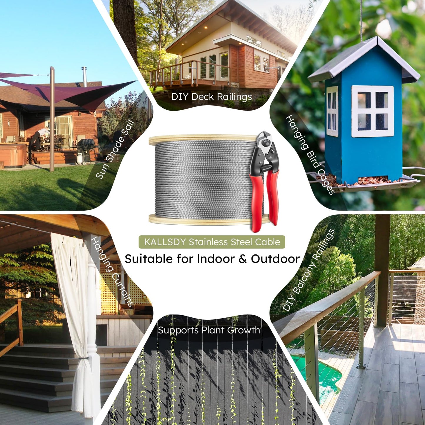 KALLSDY 1200FT 1/8" T316 Stainless Steel Cable, Wire Rope Aircraft Cable for Deck Cable Fence Railing Kit, and DIY Balustrades, 7x7 Strands Construction, Comes with a Cutter