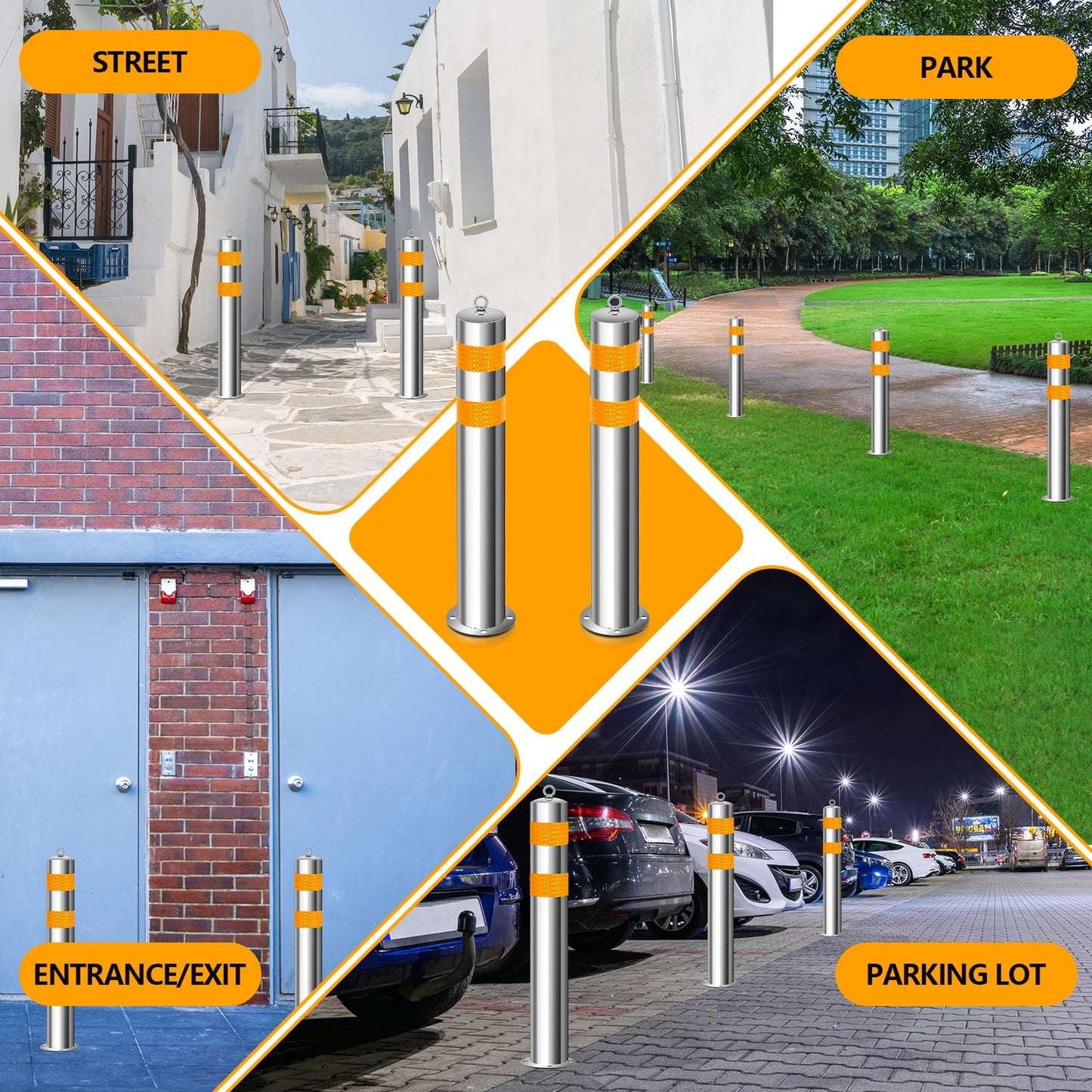 Yaocom 31.5 Inch Stainless Steel Bollard Post with Anchor Bolts Parking Barrier Block Safety Bollard Covers with Reflective Strips and Hanging Ring for Parking Lots Driveways Garage Pathways(4 Pcs)