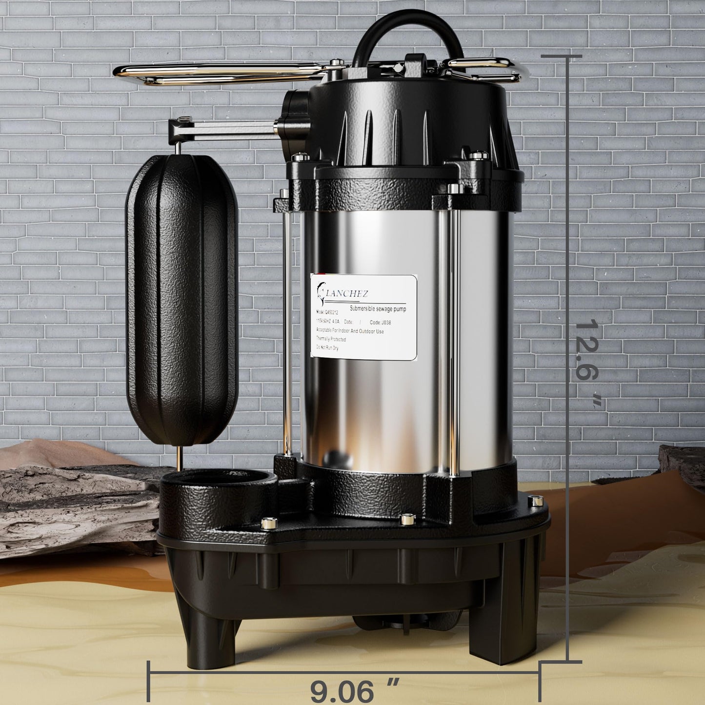 LANCHEZ 1/2 HP 5200 GPH Submersible Sump Pump Cast Iron and Stainless Steel with Integrated Vertical Float Switch, Sewage/Effluent Pump for Basement, Basin, Sewage System, 1-1/2" NPT Discharge