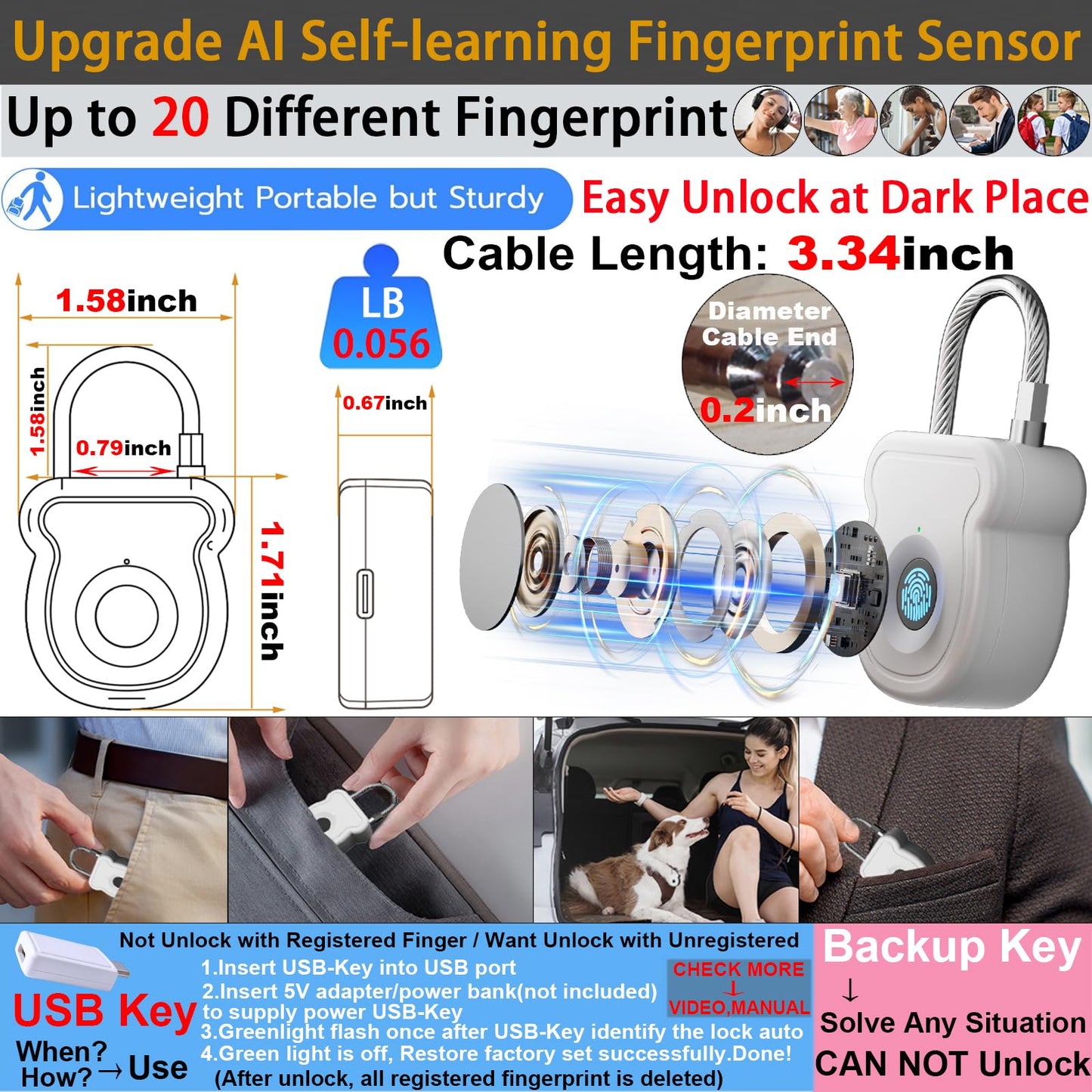 Bstsilver Fingerprint Padlock, 20-User Biometric Lock with Emergency USB Key & Code for Gym Locker, Luggage, Backpacks, Keyless Lock for School, Office, Travel, Dorm, Cabinet, Toolbox & More Indoor