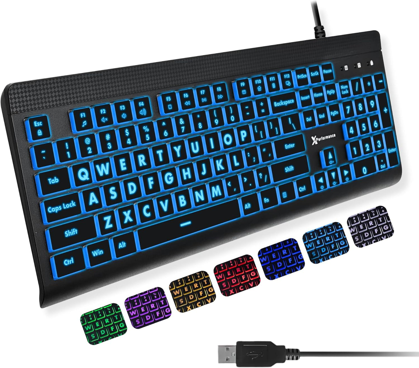 X9 Performance X9 7-Colors Large Print Backlit Computer Keyboard - Easy to See Big Letters - Lighted USB Wired Keyboard