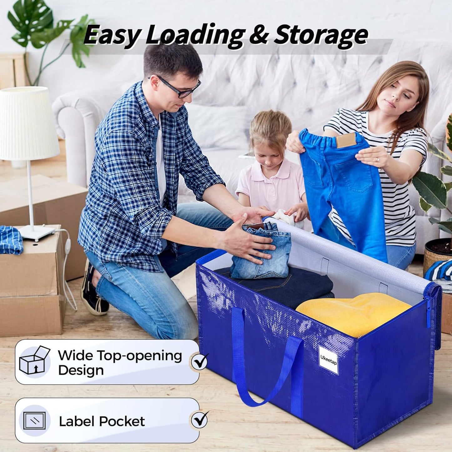 Skiennix Extra Large Heavy-Duty Moving Bags - 8 Pack with Reinforced Handles & Zippers | Blue Storage Totes for Clothes & College Supplies