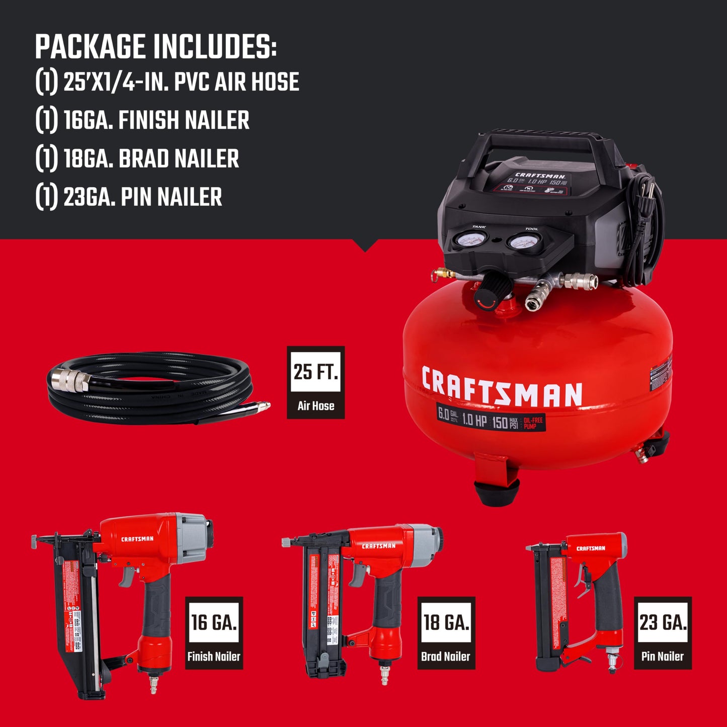 Craftsman 6-Gallon Pancake Air Compressor 4-Tool Combo Kit, 150 PSI, Oil-Free, Includes 16GA Finish Nailer, 18GA Brad Nailer, 23GA Pin Nailer & 25-Ft Air Hose, Model CMXECXA0210641K