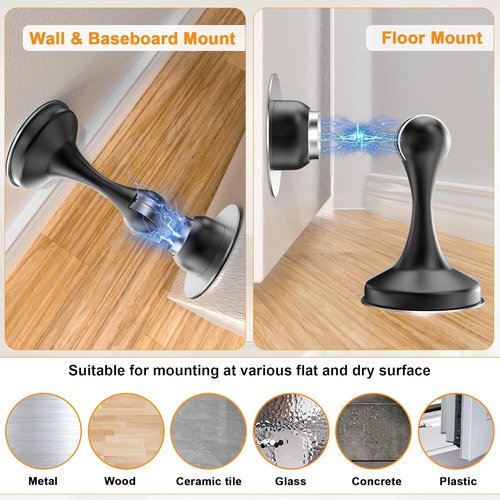 Crosize Magnetic Door Stoppers - Stainless Steel Wall-Mounted & Floor-Mount Metal Holders | 2 Pack, Black