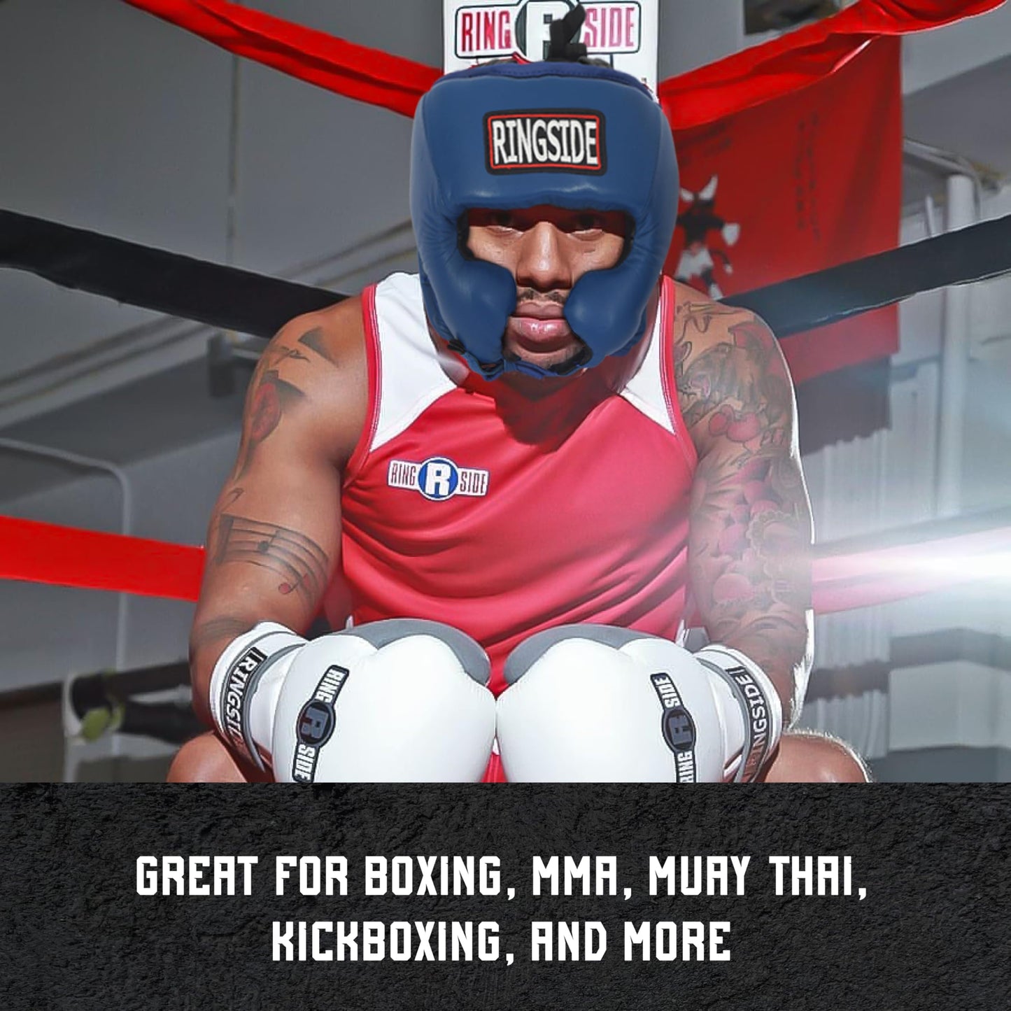 Ringside Competition-Like Boxing Headgear, Leather Sparring Headgear with Cheek Protection, Great for Boxing, MMA, Muay Thai, Kickboxing, and Training, Ideal for Men and Women, Red/White/Blue, Medium