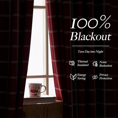 NICETOWN 100% Blackout Red Plaid Curtains - 84 Inch Long Thermal Insulated Drapes | 2 Panels for Living Room