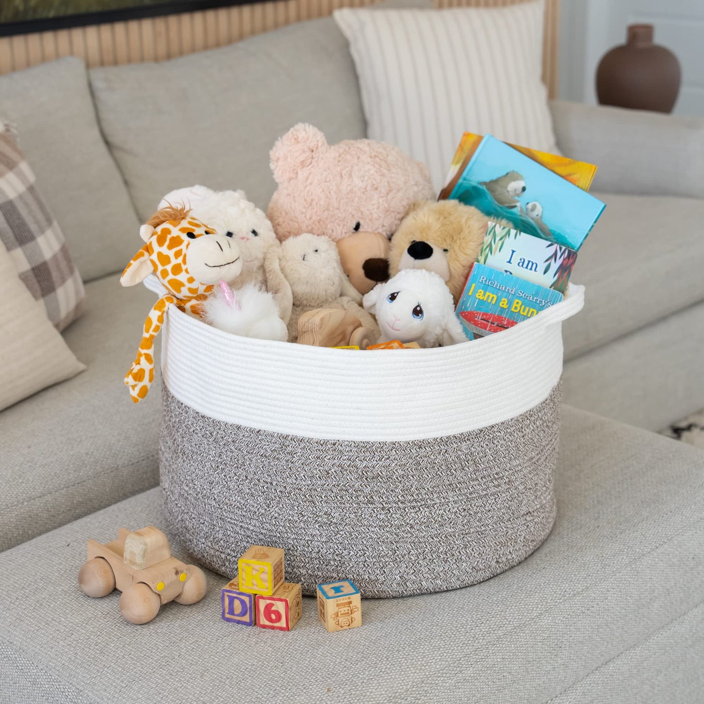 Little Hippo XXXL Cotton Rope Basket (22"x14") 100% Natural Cotton! Baby Gift, Large Blanket Storage for Living Room, Toy and Pillow Organizer (White & Brown)