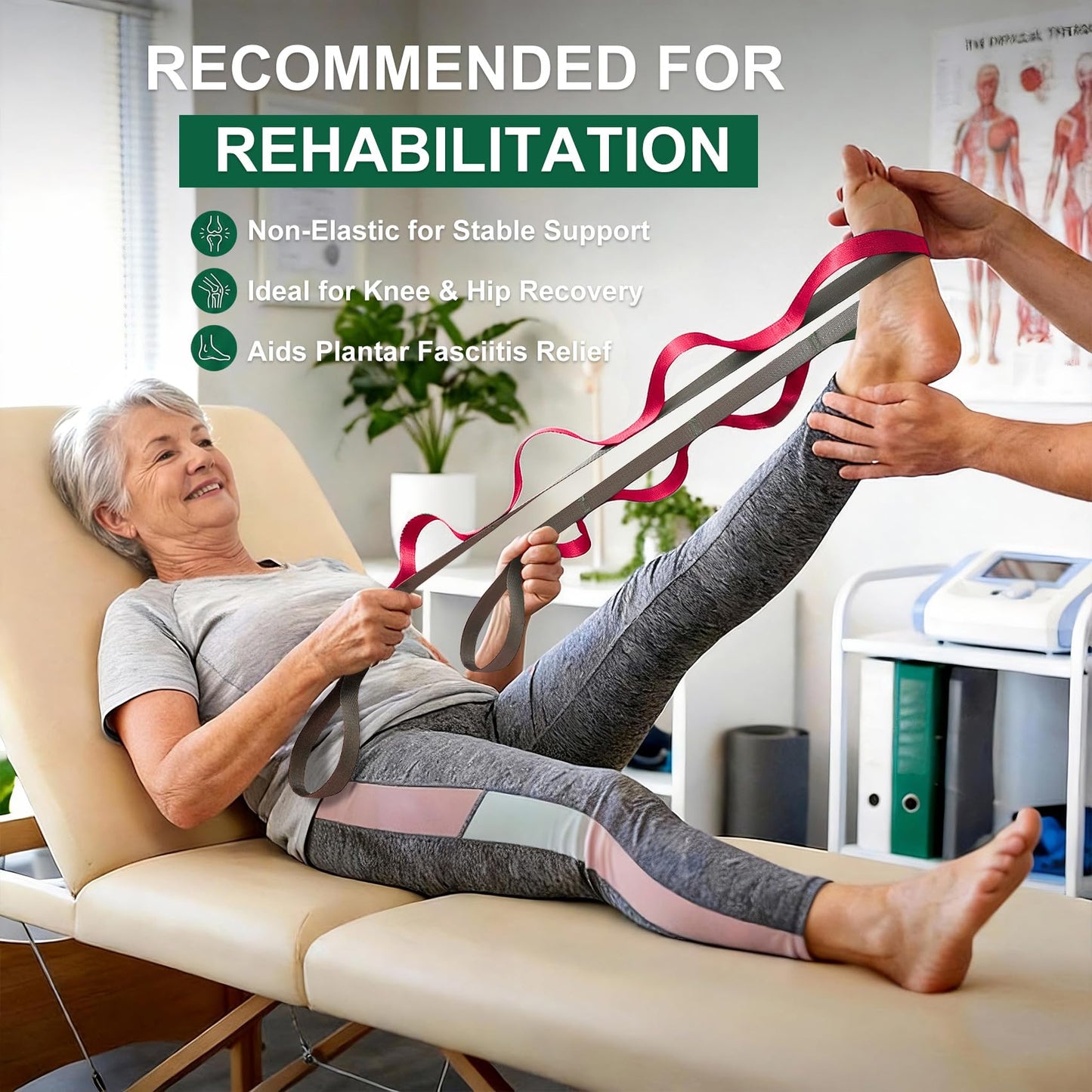 Acozycoo Stretching Strap with 10 Loops – Non-Elastic Yoga Strap for Physical Therapy, Knee Replacement Recovery & Plantar Fasciitis – Leg Stretcher Band for Flexibility & Hamstring Rehab（Red)