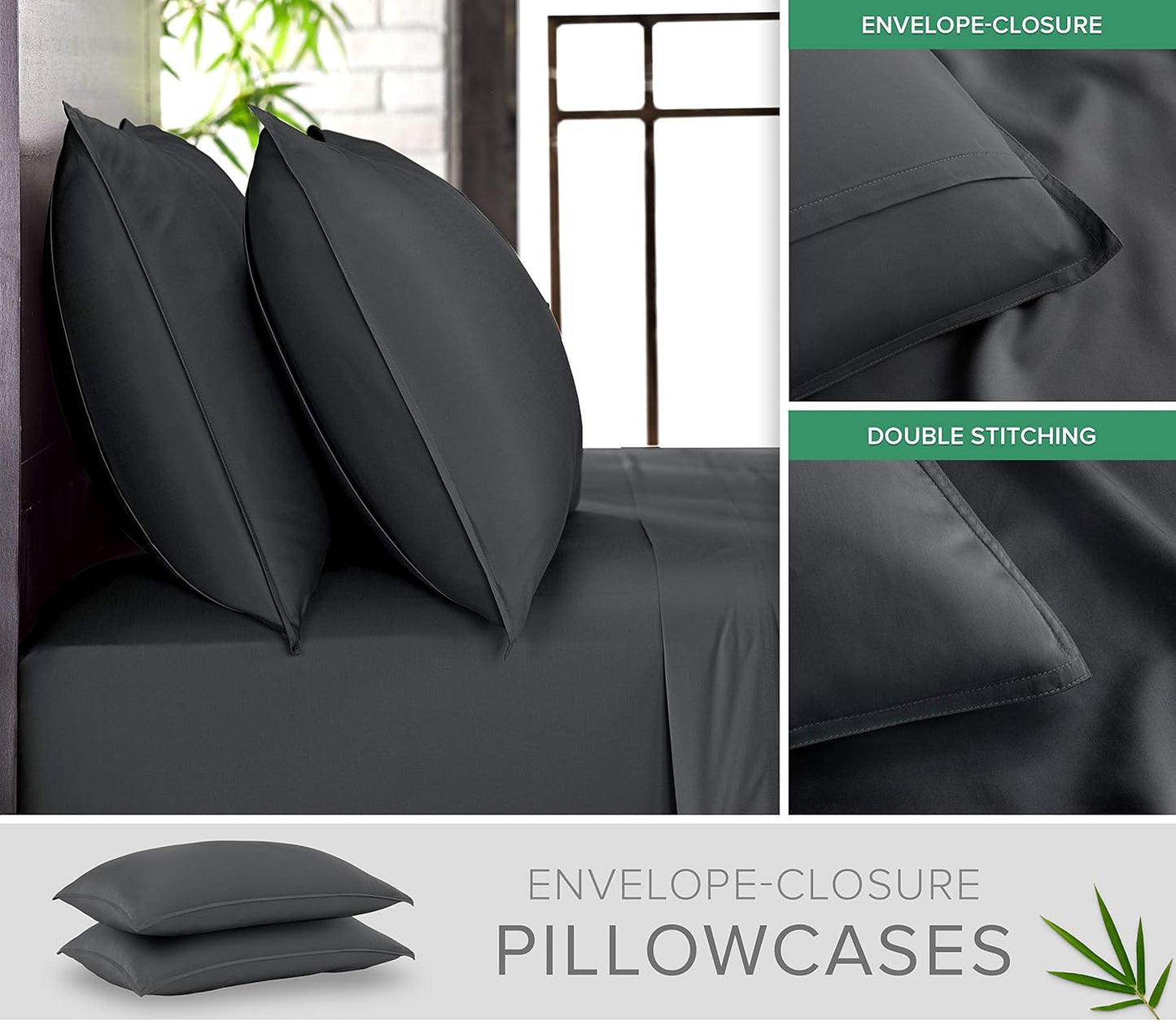 Pure Bamboo Split King Sheets - 100% Organic Viscose Bed Sheet Set, Soft & Cooling, Charcoal