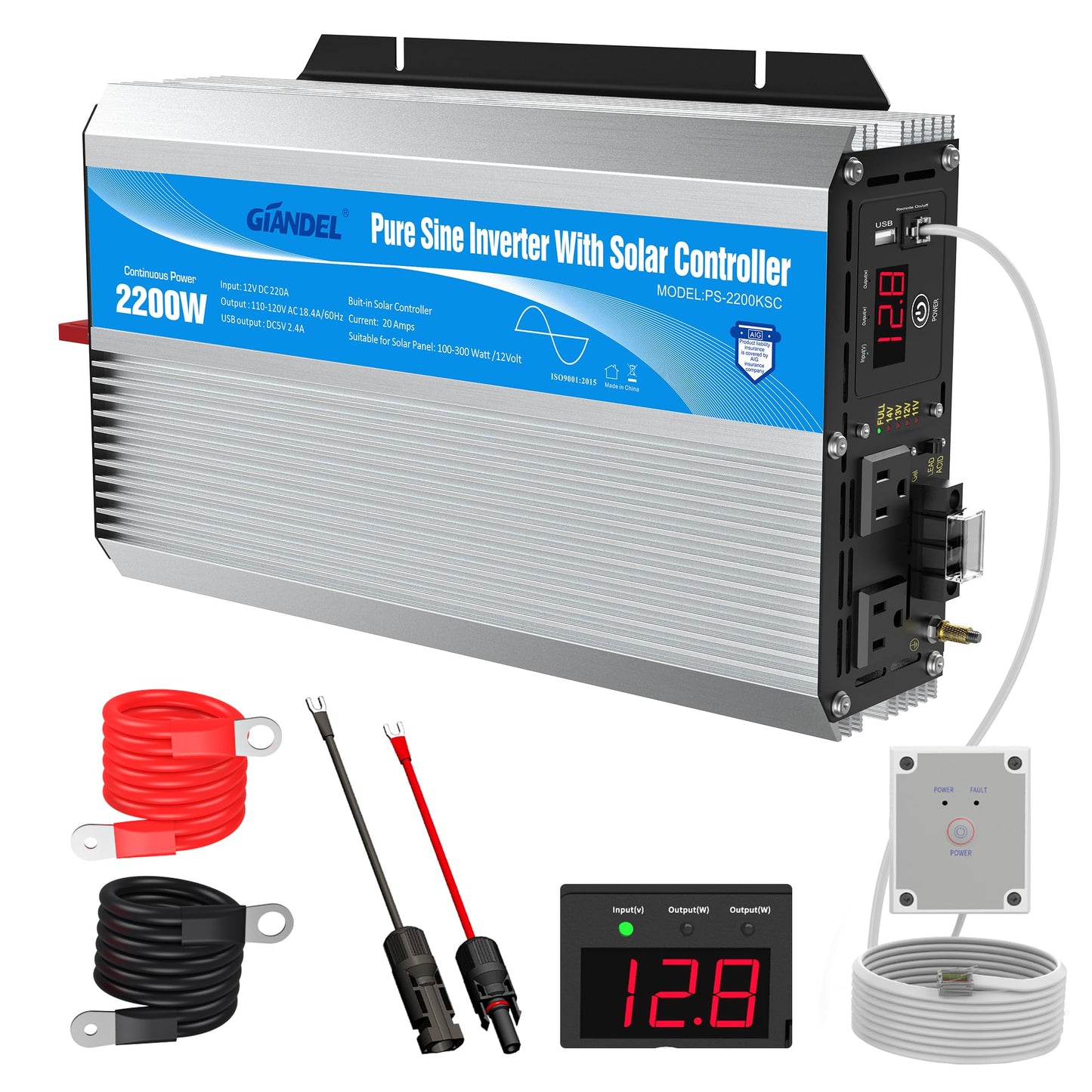 2200Watt Pure Sine Wave Solar Power Inverter with 20A Solar Charger Controller PWM and Wired Remote for Solar Setup RVs Camper Truck