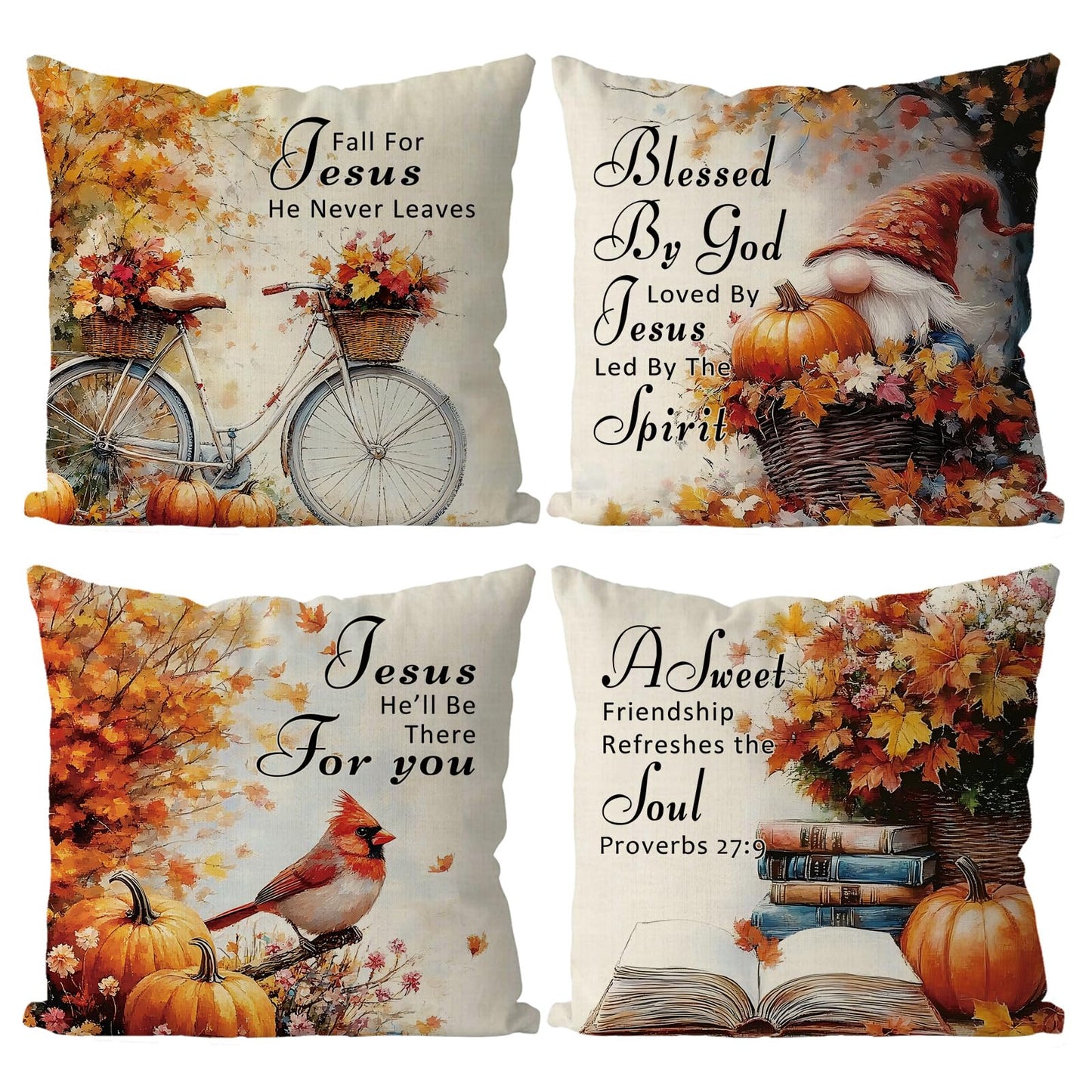 QIONG MENG Fall Pillow Covers 18x18 Inch Set of 4 Christian Jesus Religious Throw Pillowcase Catholic Spiritual Cardinal Decorative Cushion Case Autumn Harvest Soft Home Farmhouse Decorations