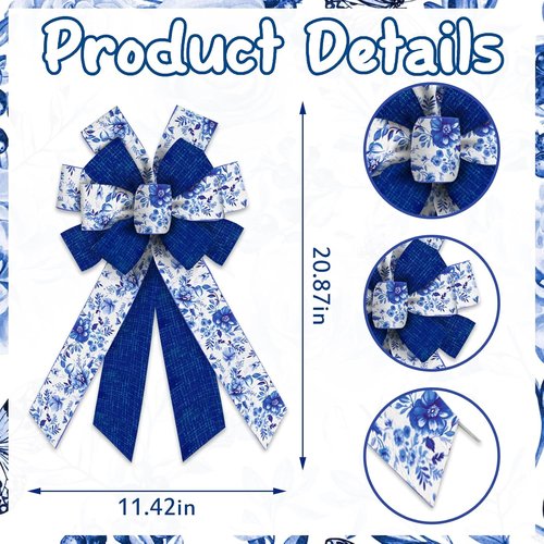Chinoiserie Blue Bow by Large Spring - Wired Burlap Wreath Accent for Indoor/Outdoor Decor | 11.42x20.87 Inch