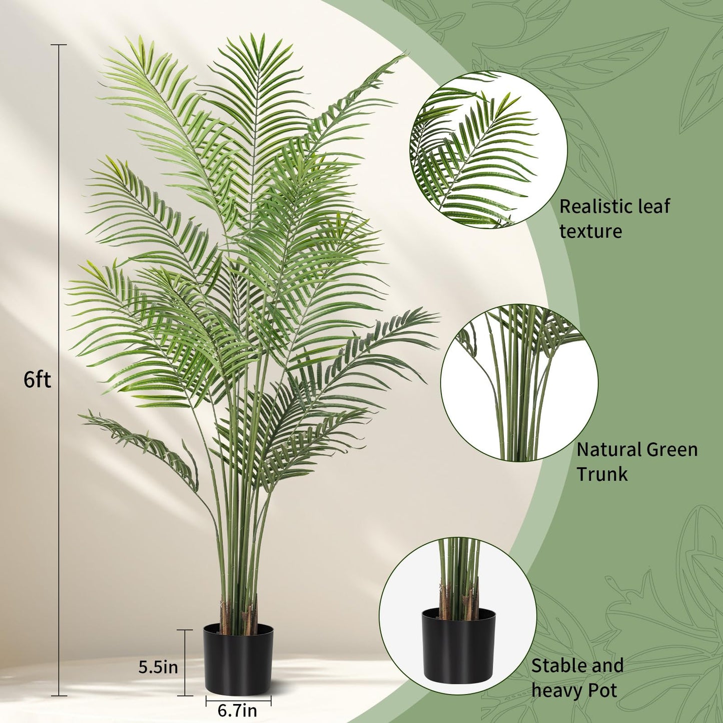 Artificial Palm Tree 6ft Tall Fake Palm Tree Indoor Decor Faux Tropical Areca Floor Plant in Pot, Artificial Silk Plant for Home Office Living Room Decor Indoor