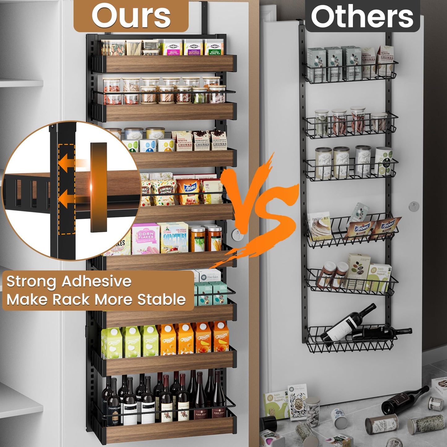 POKIPO 8 Tier Over The Door Pantry Organizer, 2 IN 1 Wall Mount or Hanging Spice Rack Seasoning Shelves with Adjustable Basket, Back of Door Organizer and Storage for Kitchen Cabinet and Room Closet