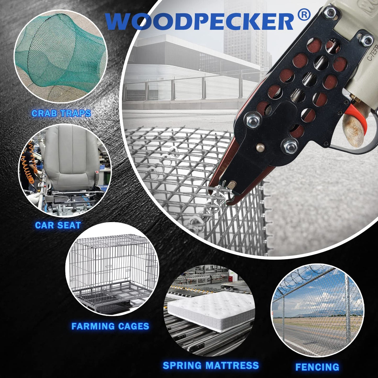 Woodpecker #C-7EFR 15 Gauge Pneumatic Hog Ring Staple Gun, New Adjustable Speed Generation 3/4-Inch Inner Crown Air Power C Ring Stapler, 4.8-8.0mm Closure Diameter Hog Ring Plier for Spring Mattress