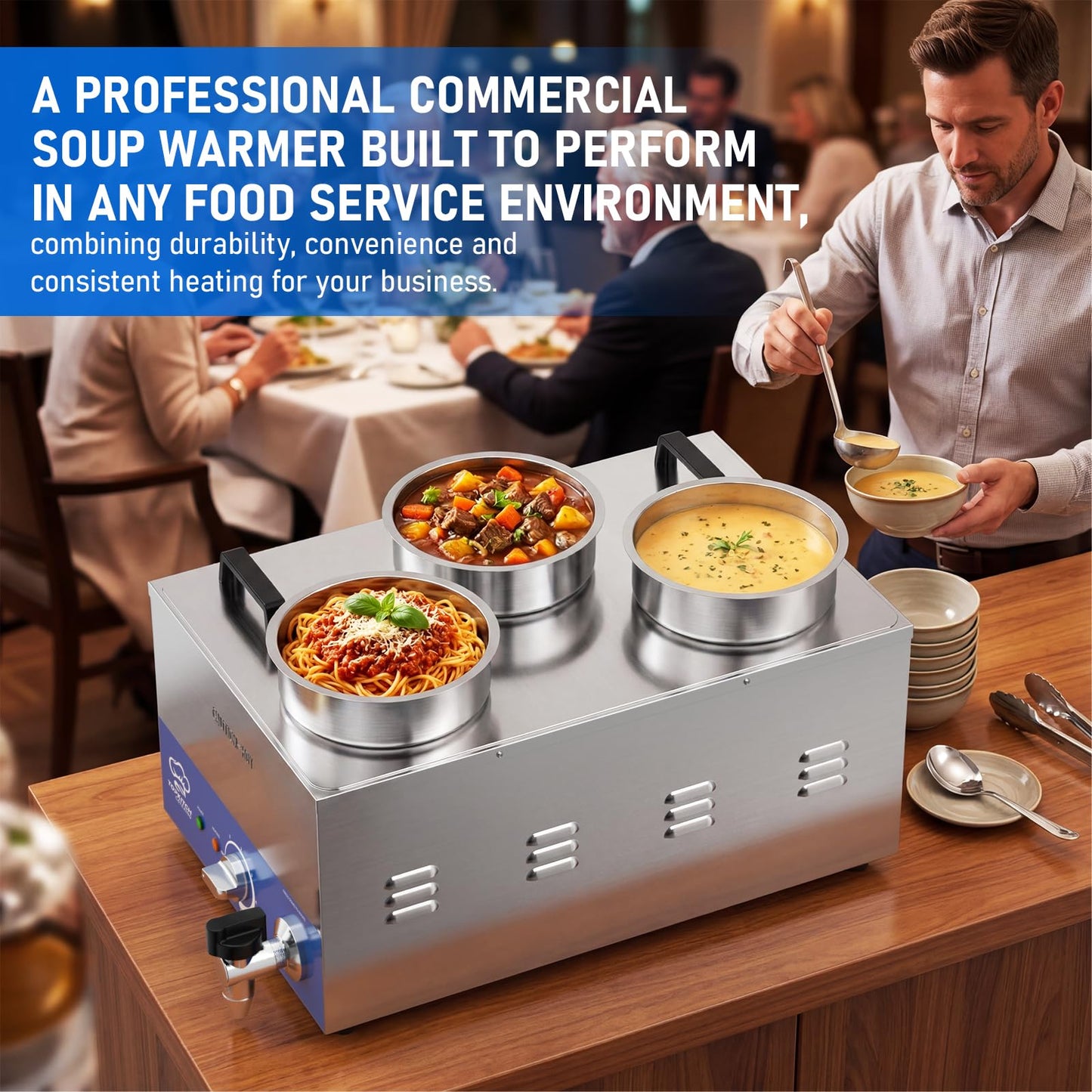 TOPKITCH ETL Listed Commercial 12L Soup Warmer with 3×4L Pot，Drain,Seamless One-piece Tank,86-185℉ Adjustable Thermostat,TempLimiter-120V/1200W Commercial Bain Marie Electric Food Warmer