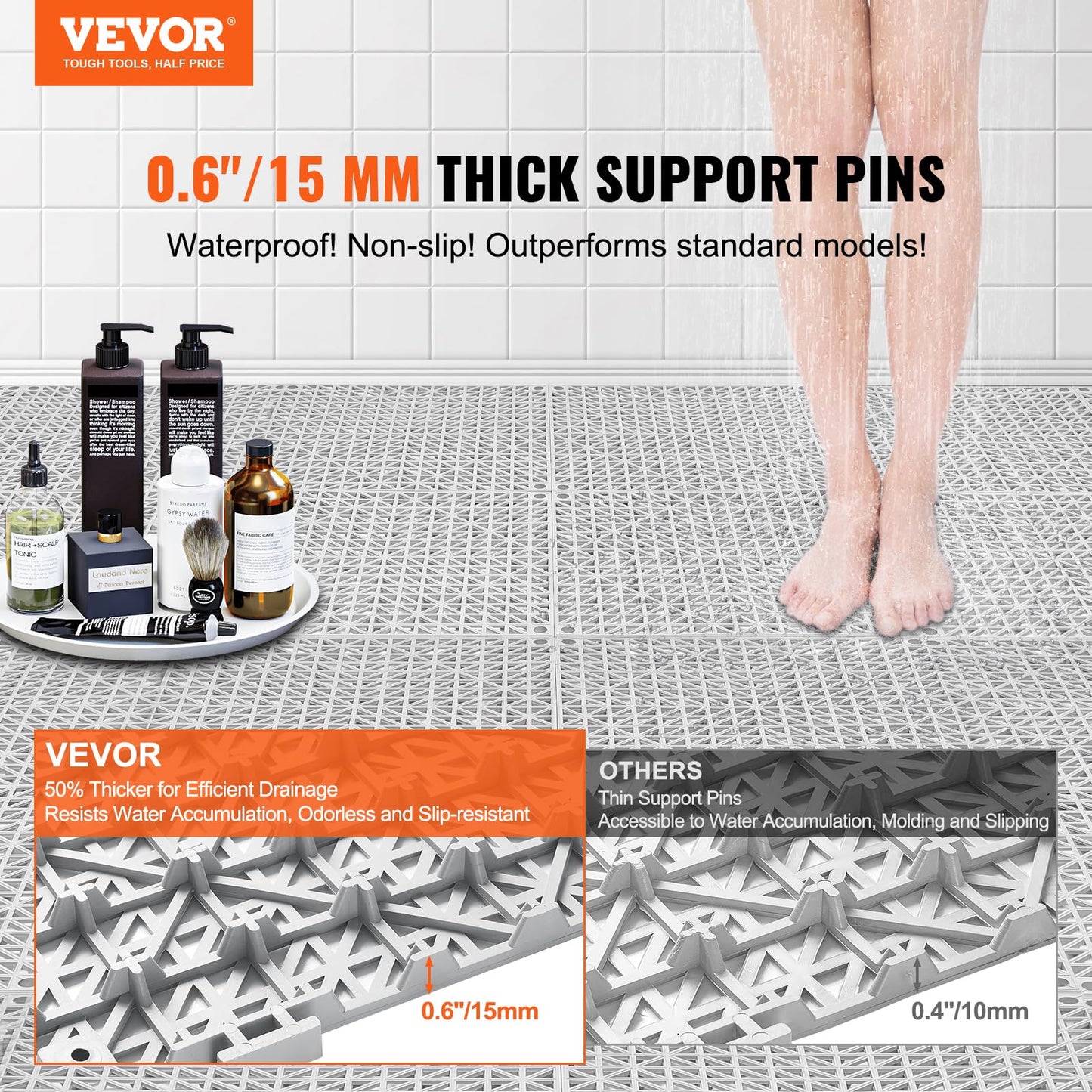 Happybuy Tiles Interlocking 50 PCS Gray, Drainage 12x12x0.6 Inches, Outdoor Floor Tiles, Outdoor Interlocking Tiles, Deck Flooring for Pool Shower Bathroom Patio Garage