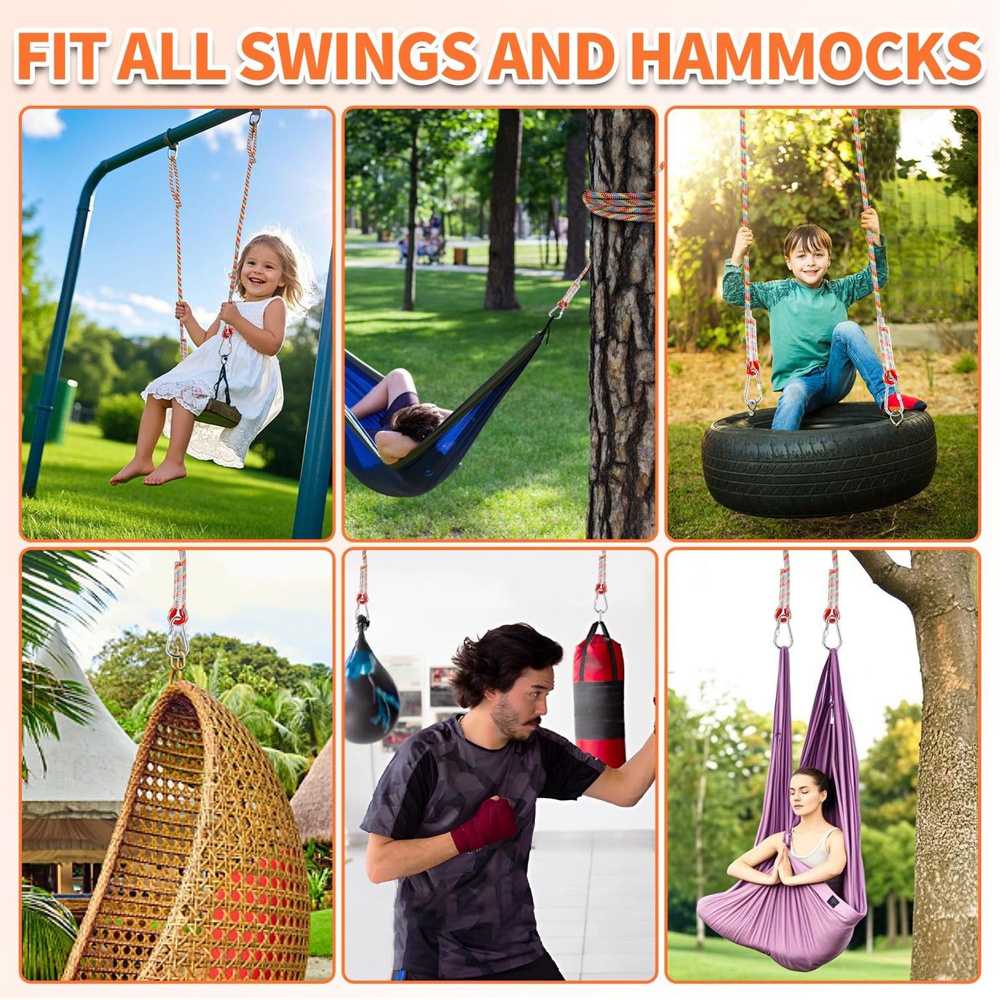 Werfeito Tree Swing Ropes (Set of 2), 3FT/5FT/10FT/15FT/20FT, Tree Swing Straps Hanging Kit Holds 4400 lbs, Heavy Duty Carabiners for All Swing Hammock Playground Set Accessories (3 FT)