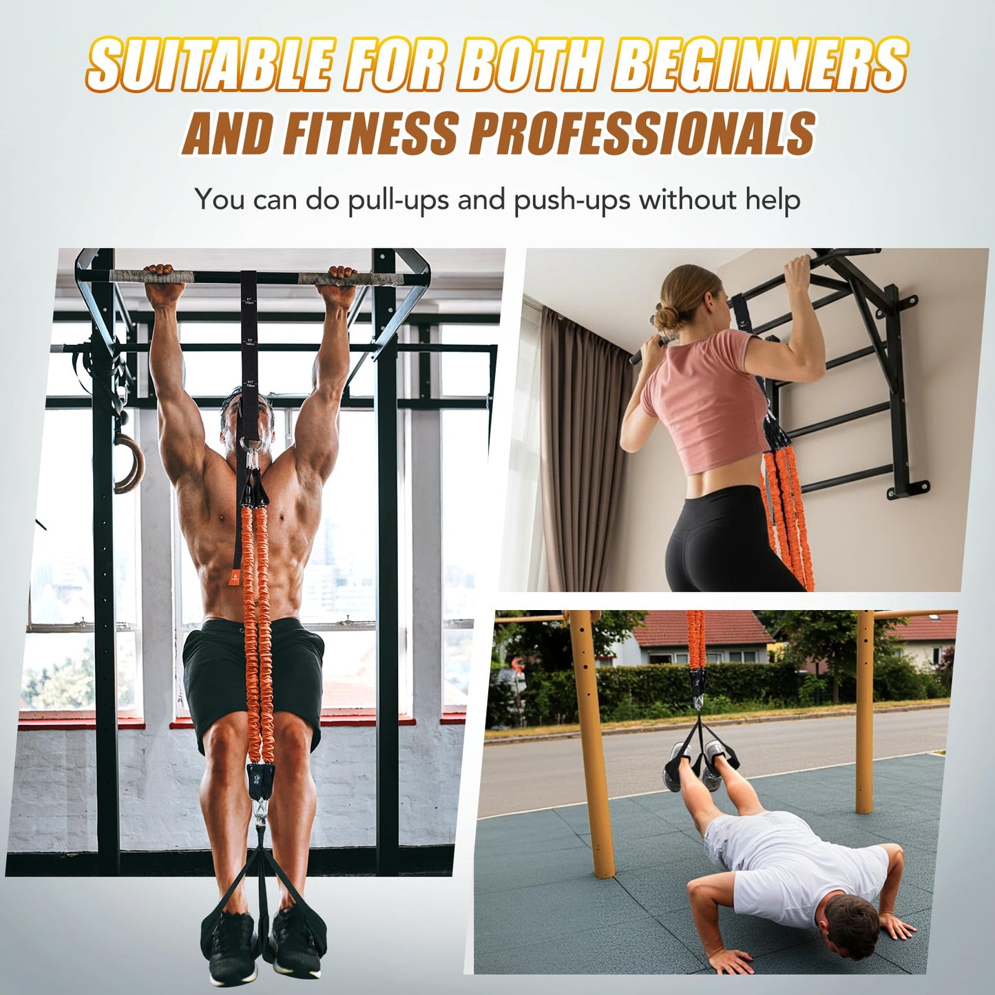 ALongSong Pull Up Assistance Bands with Foot Support Pedal Upgraded Heavy Duty Resistance Bands Adjustable Weight/Height with 4x80Lbs Bands&Measured Strap for Strength Training Home Gym Workout-Orange