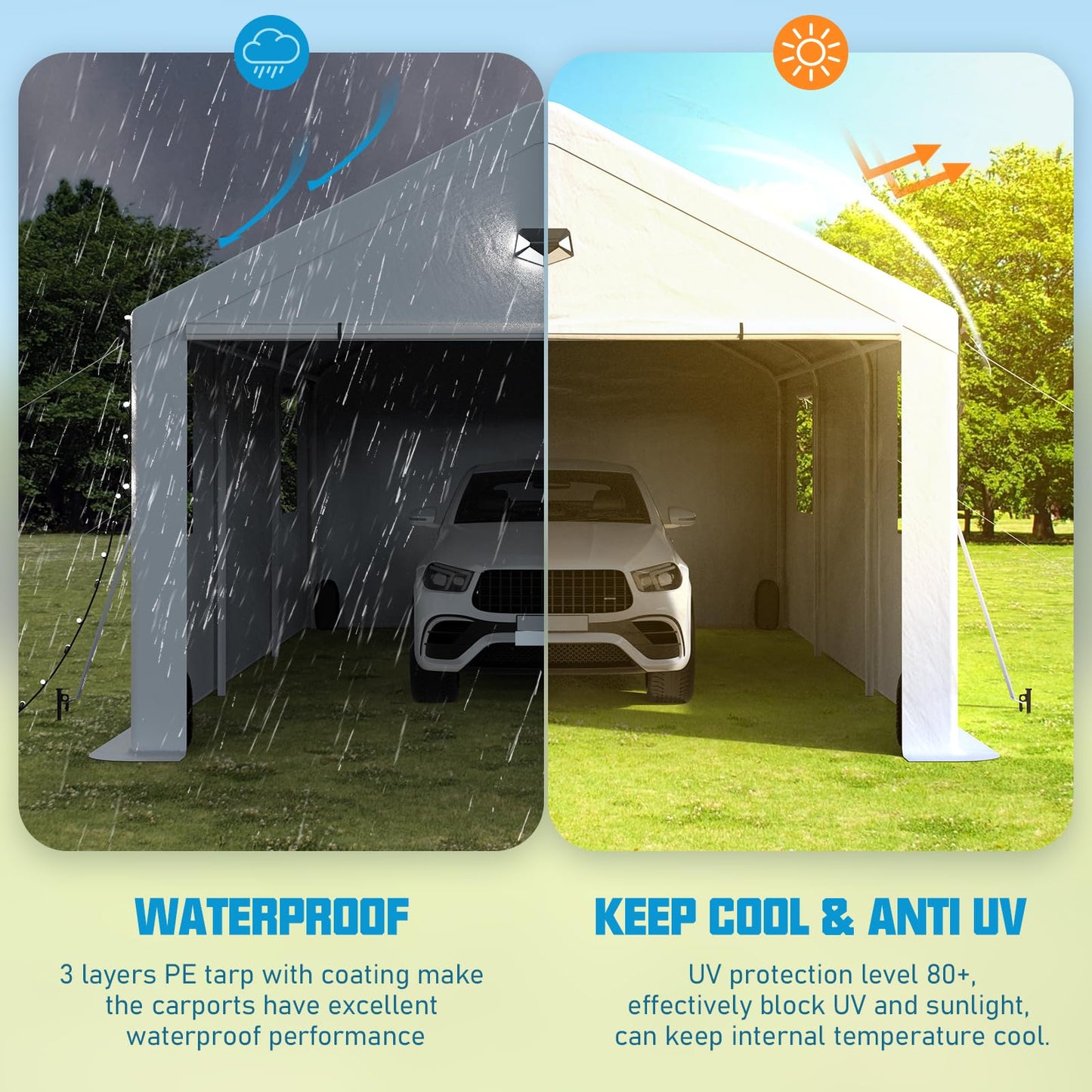 Benass 13x25 FT Heavy Duty Carport Canopy, Drive-Through Portable Garage with Roll-up Doors, Screened Windows, Removable Sidewalls, All-Weather Waterproof Shelter for SUV, Boat & Outdoor Storage
