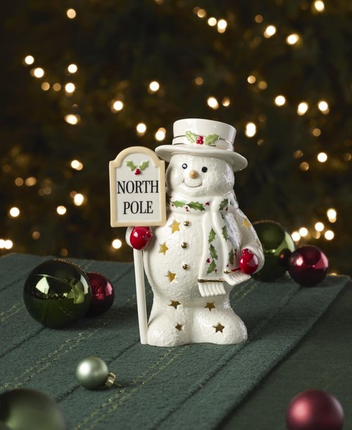 Lenox Figurine, Happy Holly Days North Pole Snowman Light-Up Figurine, Christmas Decorations, Christmas Decor Indoor, Snowman Design (Ivory, 1 Piece, 7.75-Inch Height) 2 AAA Batteries Not Included