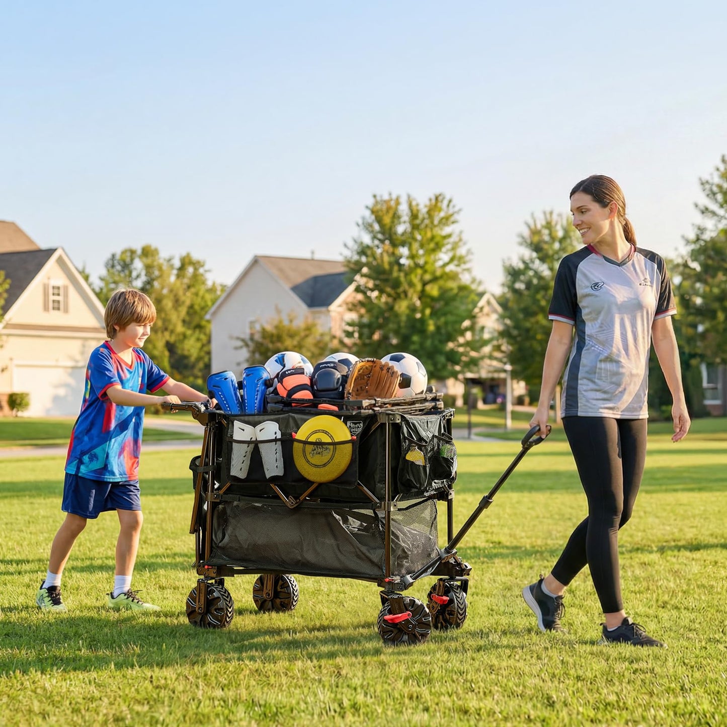 TIMBER RIDGE Push & Pull Double Decker Wagon, 400L Large Capacity Heavy Duty & 450lb Load, Collapsible Cart with All-Terrain Wheels & Brakes, 54” Extended Foldable for Sports, Beach, Camping, Black