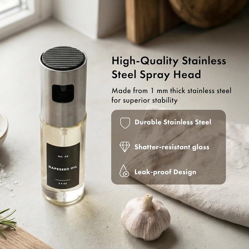 EDELHAUS Oil Sprayer Set - Stainless Steel & Glass Bottles for Healthy Cooking | 2-Pack with Silver Lids