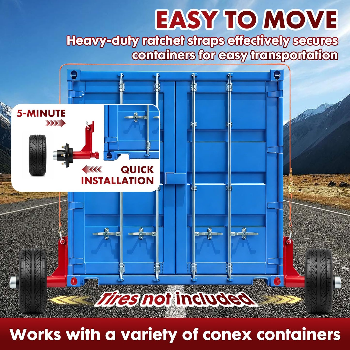 2 Pack Shipping Container Wheels Kit- 8 Lug Wheels, Heavy Duty Shipping Container Accessories, Shipping Container Axles with 2 Ratchet Tie Downs for Moving 20-40ft Shipping Container,8800 Lbs Capacity