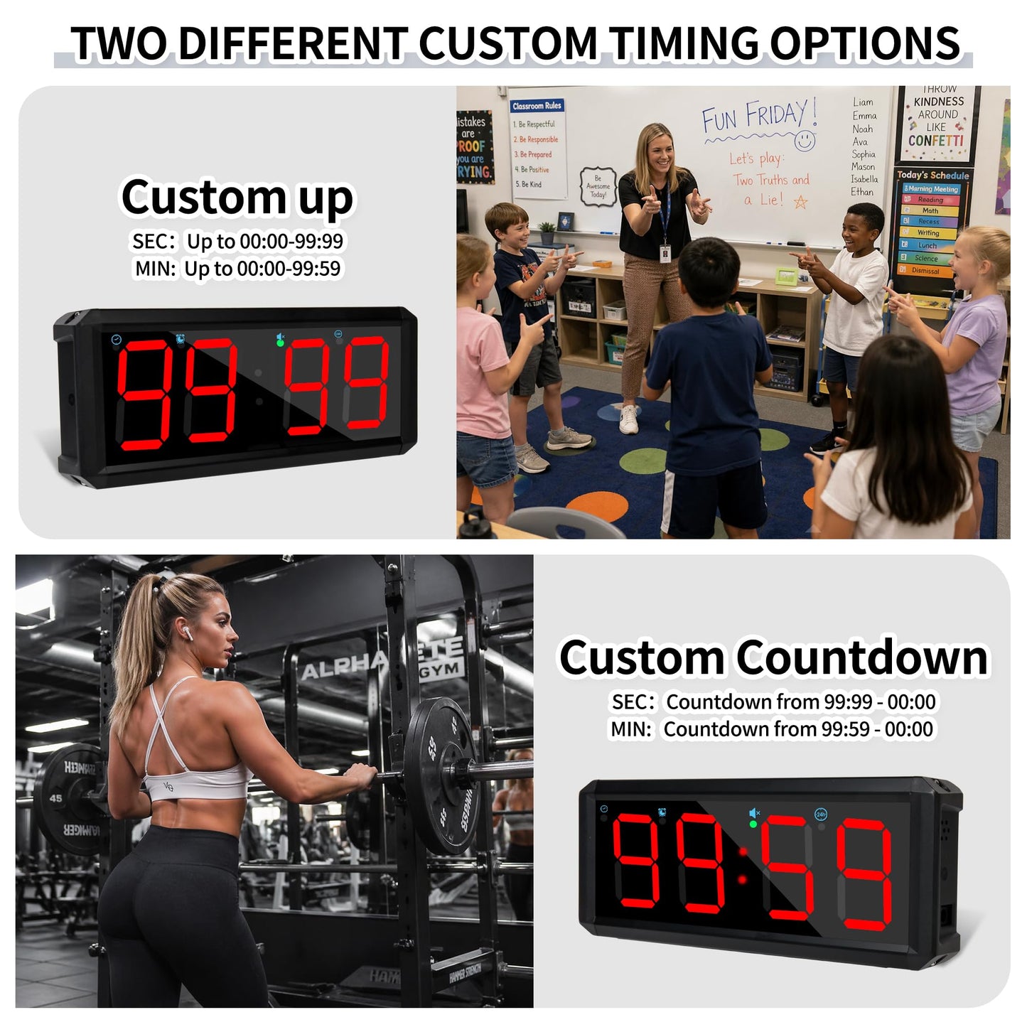 BS-MIAOBO 2.1 Inch LED Gym Clock, Portable Gym Timer, Fitness Timer with Stopwatch, Multi-Mode Countdown Timer with Calendar, 12/24H Clock & Alarm, for Workout, Training, Home and Daily Use