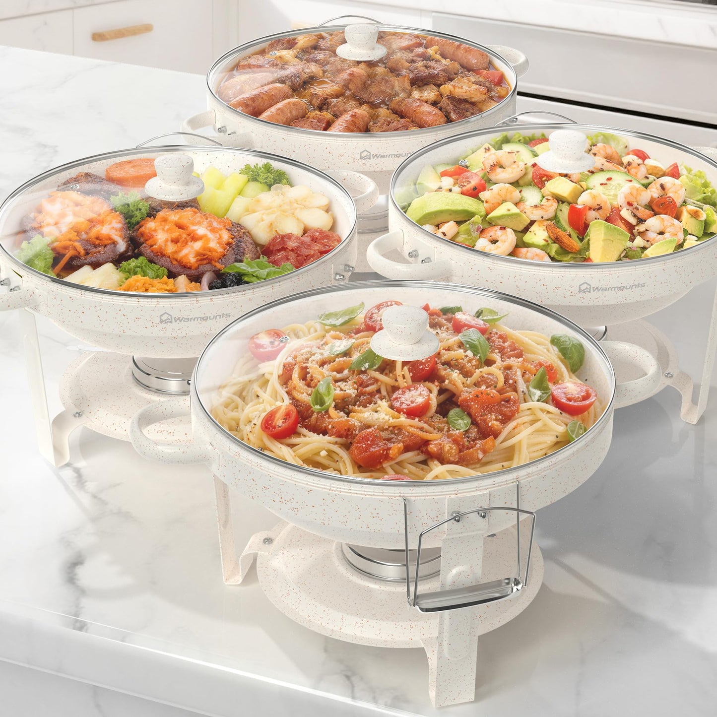 WARMOUNTS 5QT Chafing Dishes for Buffet Set, White Maifan Coated Stainless Steel Food Warmers for Parties Catering, Stackable Buffet Servers with Glass Lid & Holder 4 Pack