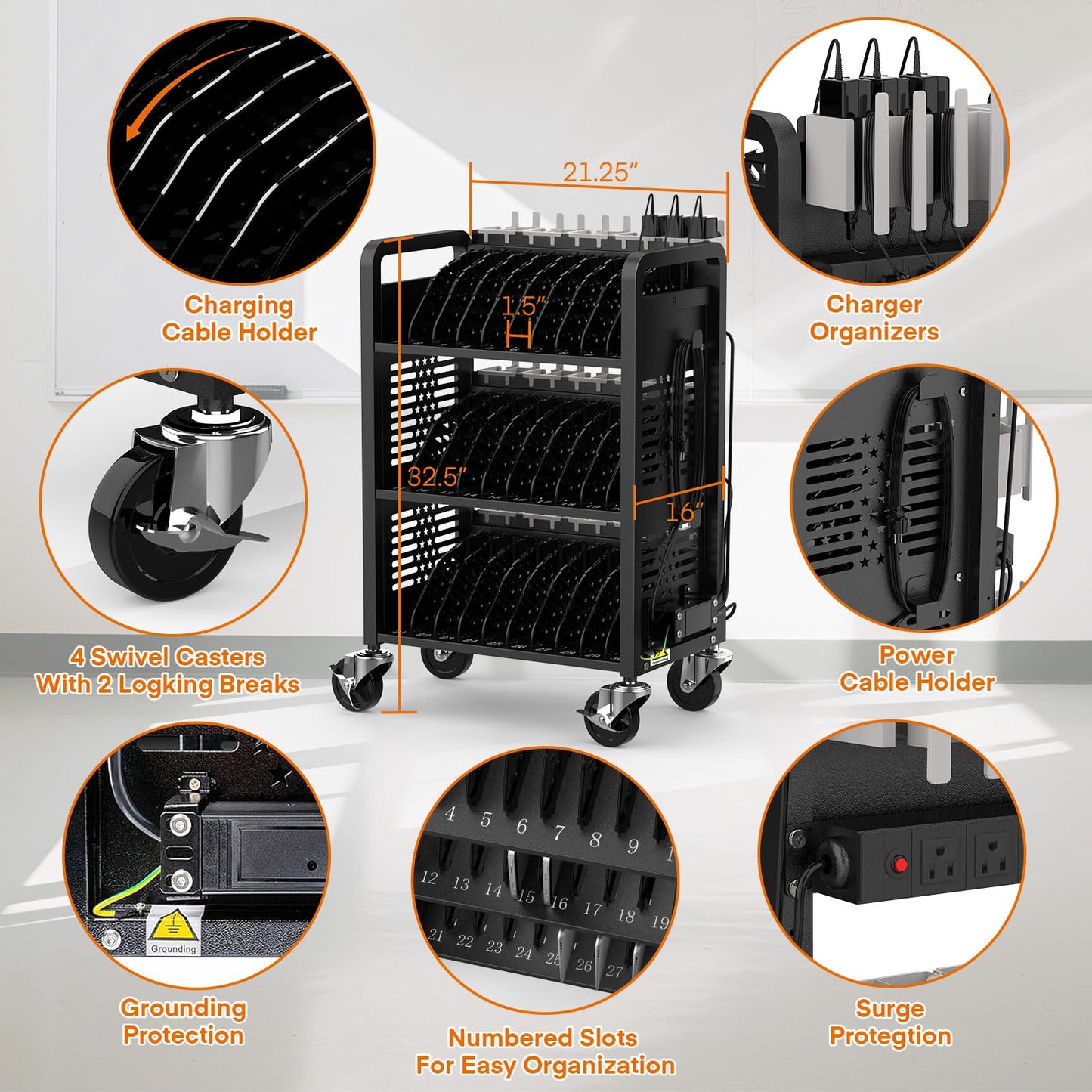 Metateel 30-Unit Mobile Charging Cart-Open Charging Station Rack for 14-inch Chromebooks and Tablets-Tablet Organizer Station with Cable Management and Charger Organization(Black)