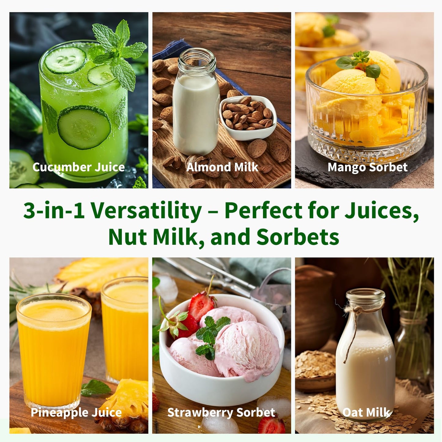 XTKKGFBIR Cold Press Juicer, 400W Masticating Juicer with 6" Extra-Large Feed Chute, 55RPM Slow Juicer, High Juice Yield, Easy to Clean, for Whole Fruits, Vegetables, Nut Milk & Sorbet, 1.8L Capacity
