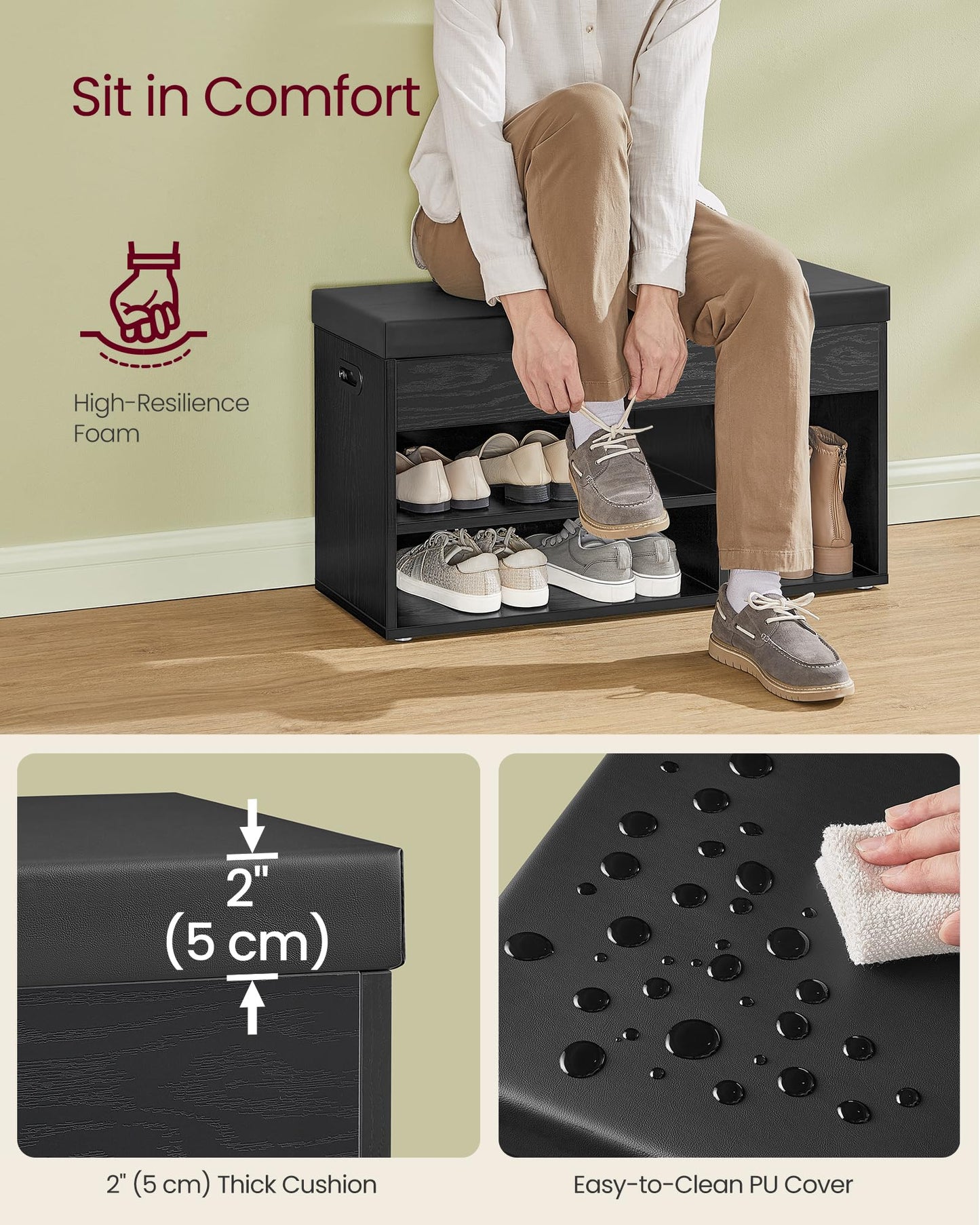 VASAGLE CUSTOS Collection - Storage Bench with Cushion, Shoe Bench, Padded Seat, Hidden Storage, Entryway, Hold up to 300 lb, 11.8 x 31.5 x 17.3 Inches, Ebony Black and Ink Black ULHS030B03