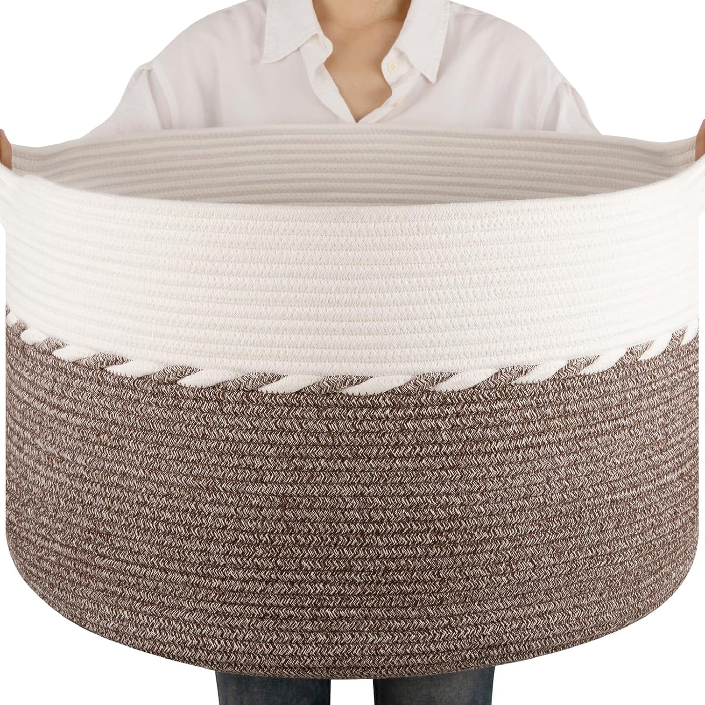 OIAHOMY 90L Blanket Basket - Large 23" x 23" x 13" Storage Solution with Handles for Laundry, Toys & More - Brown & White