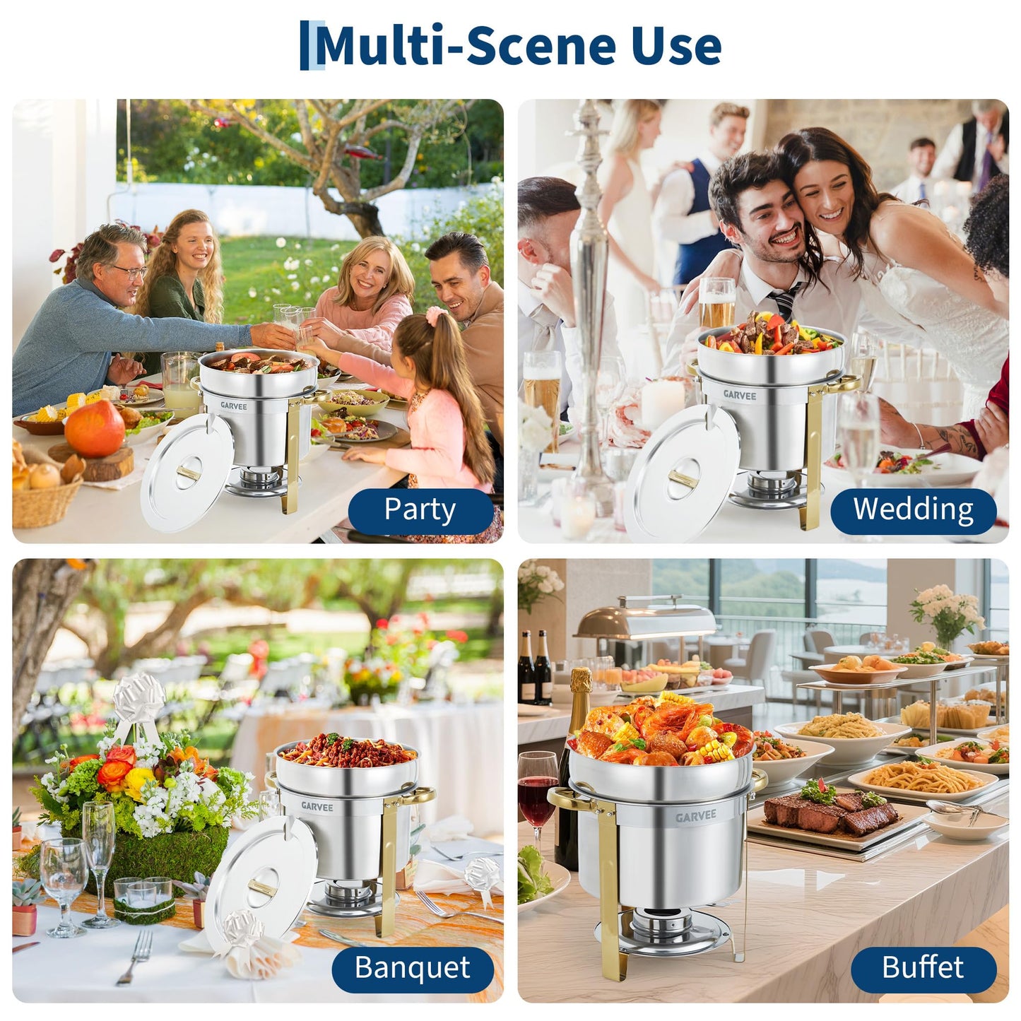 GarveeHome 7QT Round Soup Chafer Sets of 4, Commercial Soup Warmer with Pot, Notched Lids & Fuel Holders, Stainless Steel Food Warmer for Buffets Parties Wedding Banquets Catering, Gold