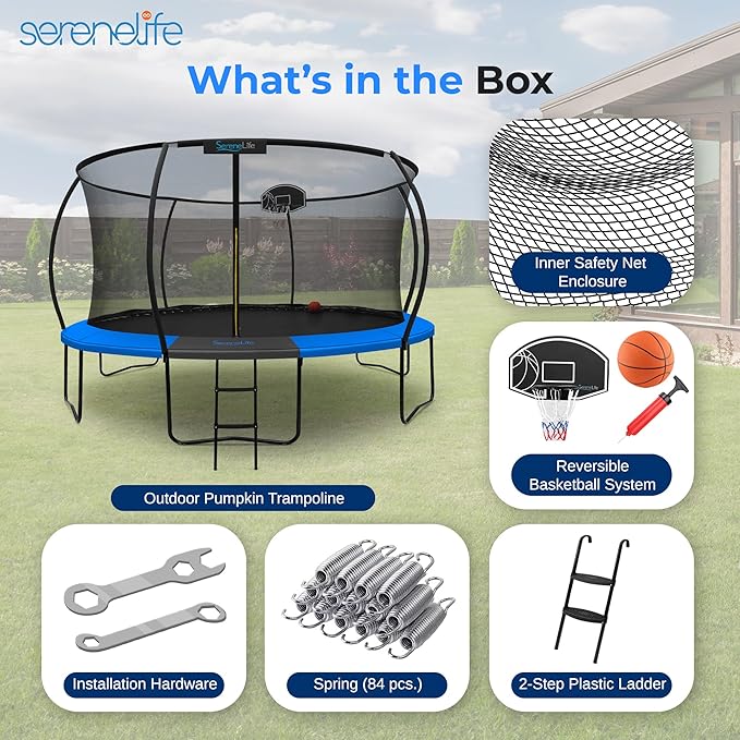 SereneLife 8FT 10FT 12FT 14FT Outdoor Trampoline for Kids - Recreational Backyard Trampoline with Curved Safety Poles, Net Enclosure, Ladder & Basketball Hoop - ASTM Approval for Kids Adults
