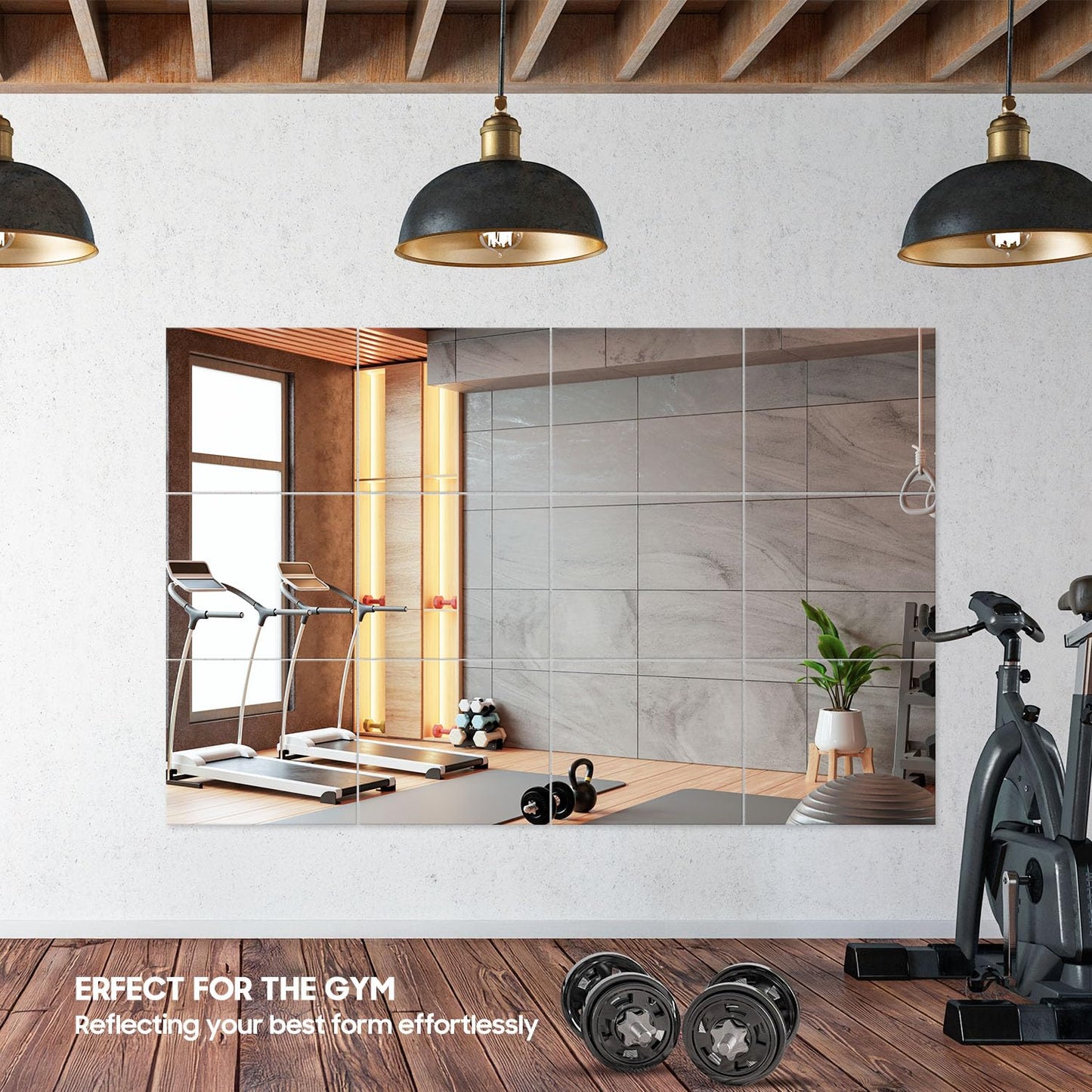 WRSION 12PCS 14"x12" Home Gym Mirror, Wall Mirrors Decorative Shatterproof Self Adhesive Glass Mirror Tiles for Gym, Bedroom, Bathroom, Living Room