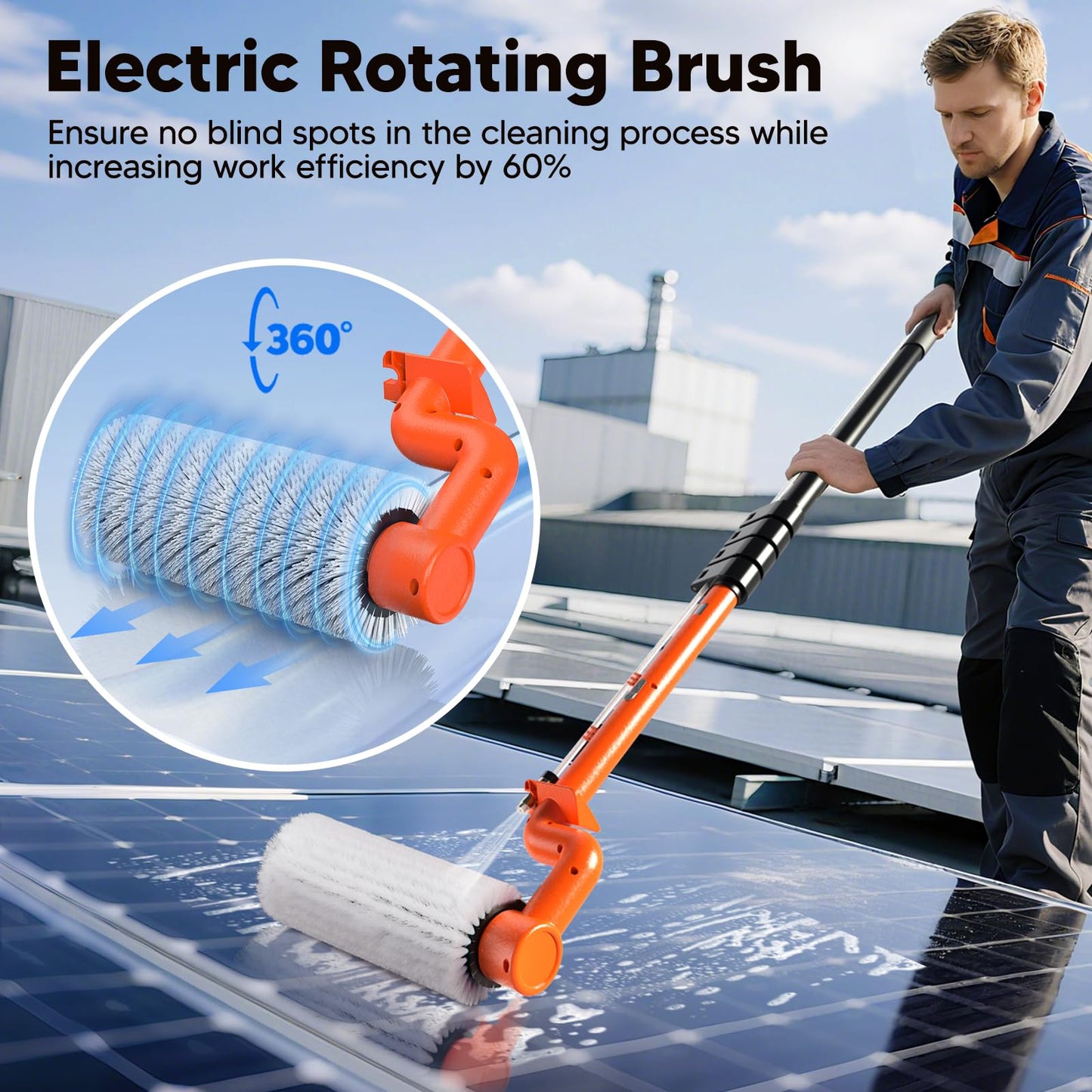 Electric Solar Panel Cleaning Brush and Pole, 20FT Telescopic Cleaning Roller Brush with Water Fed Pole，2 Hours Runtime, 2 Spin Speeds, for Solar Panlel, Outside High Window, Roof (Orange)