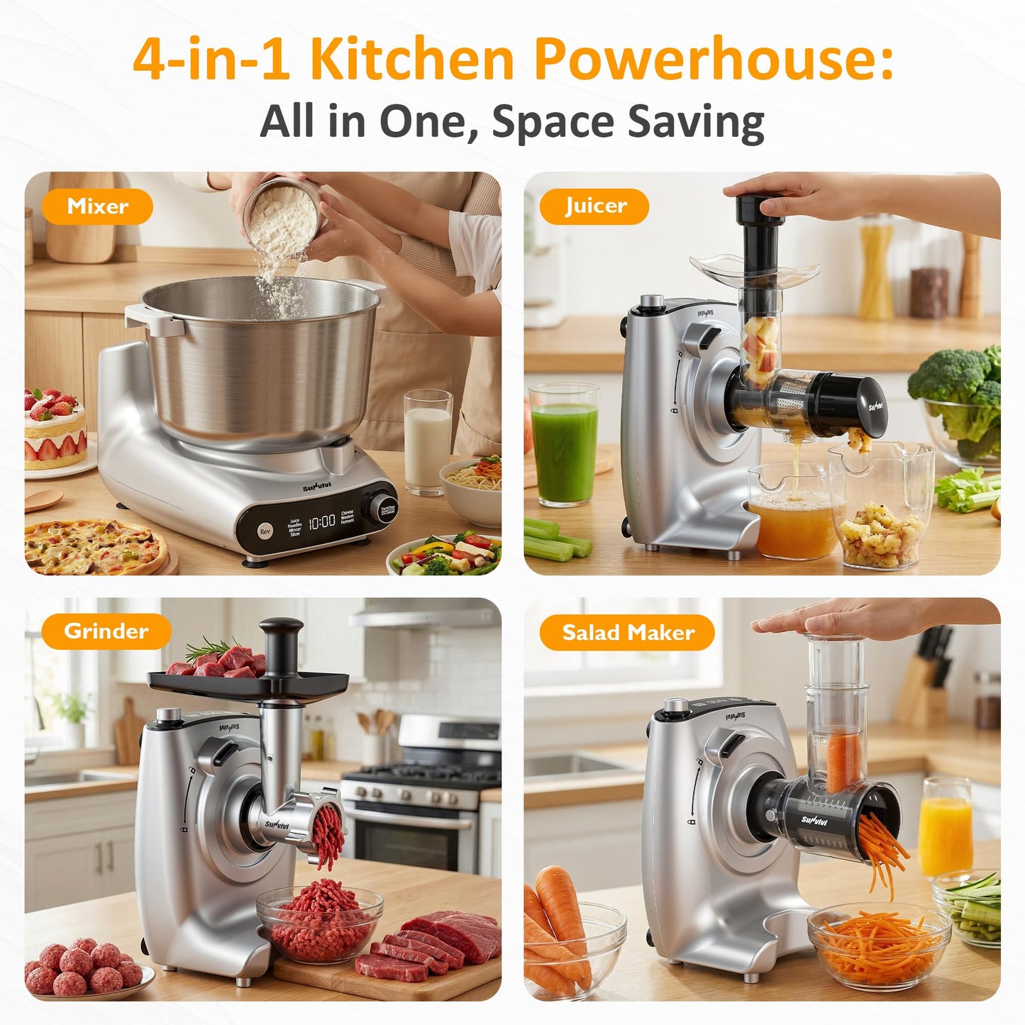 Sunvivi 4-in-1 Multifunction Stand Mixer with Fermentation, 5.3QT Electric Dough Mixer for Chinese & Western Dough, Slow Juicer, Meat Grinder, Salad Maker, LED Display & Knob Control, Stainless Steel