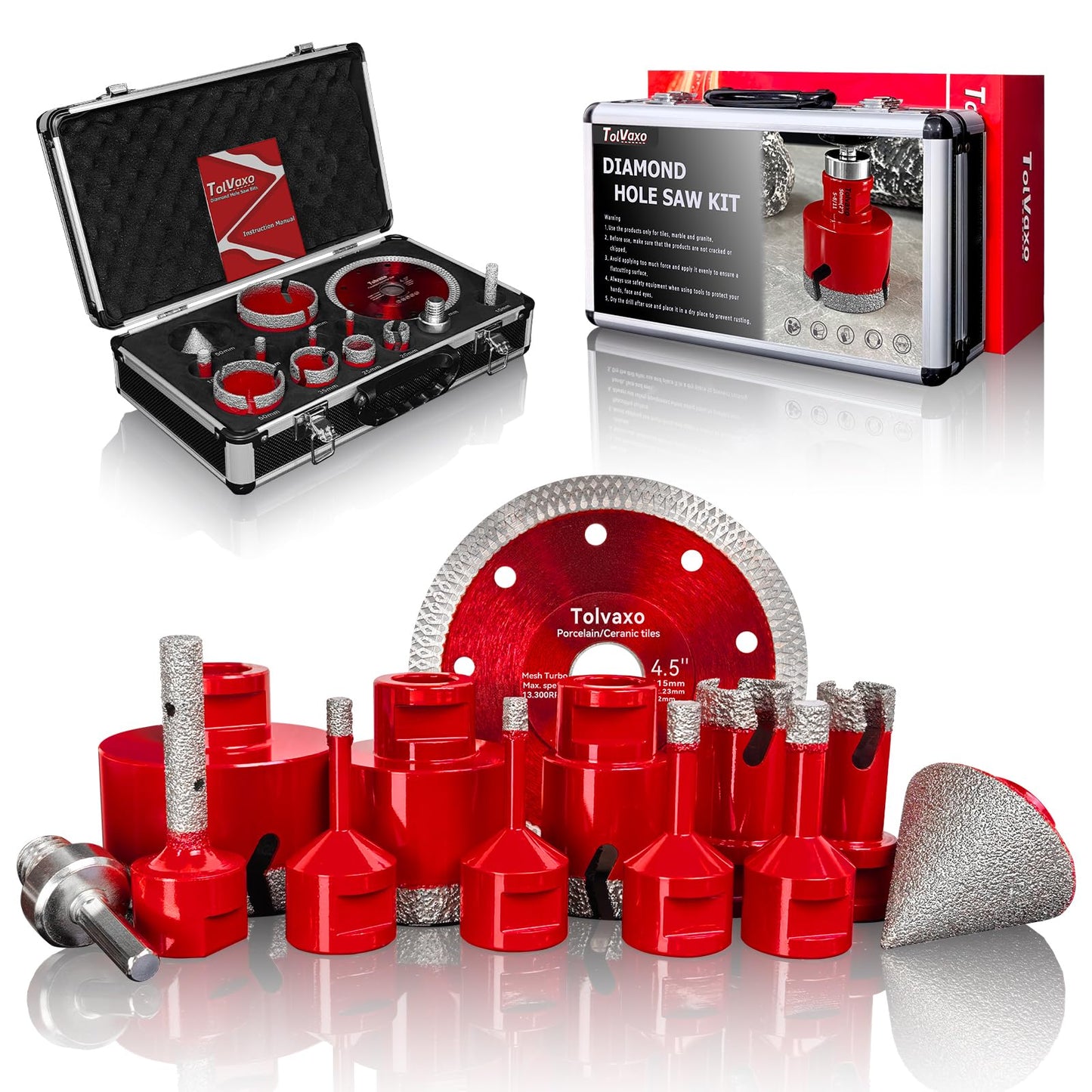 Tile Hole Saw Kit, Tolvaxo 13Pcs Brazing Diamond Hole Saw Kit for Porcelain Tile, Granite, Marble, Ceramic and More Drilling