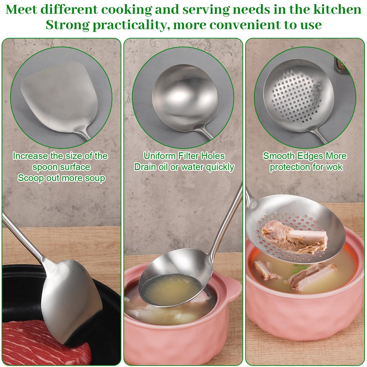 17” Wok Spatula and Ladle, Skimmer Spoon,Stainless Steel Wok Tools Professional Set,3pcs Extra Long Handle Cooking Tools, Metal Wok Cooking Utensils Set and Dishwasher Safe Wok Accessories